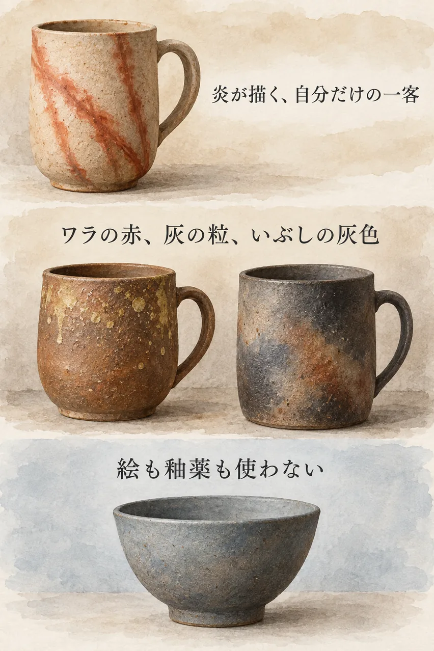 緋襷、胡麻、桟切、青備前の4つの景色の備前焼を縦に並べた、備前焼のまとめイラスト
