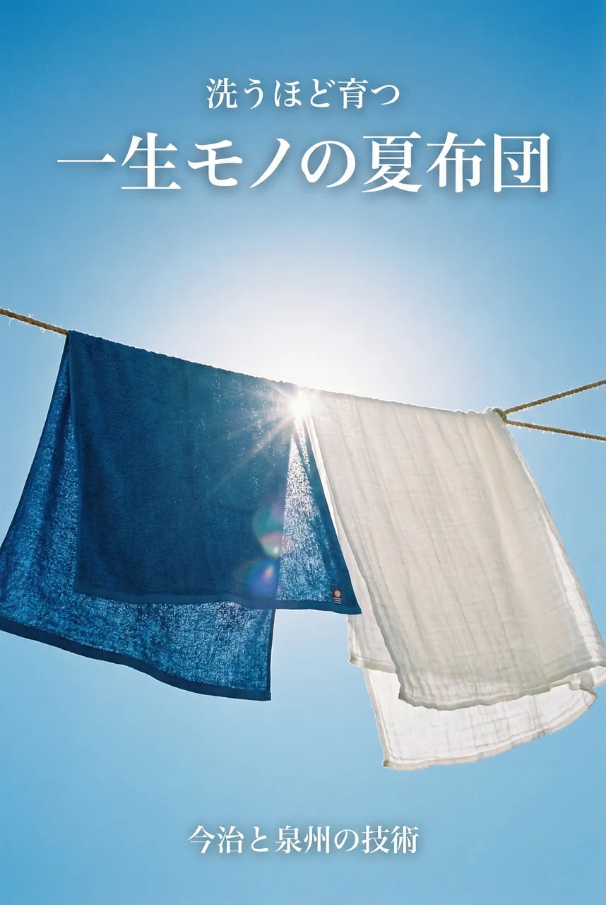 日差しの中で干されている、洗いたてのふっくらとしたタオルケットとガーゼケットの画像