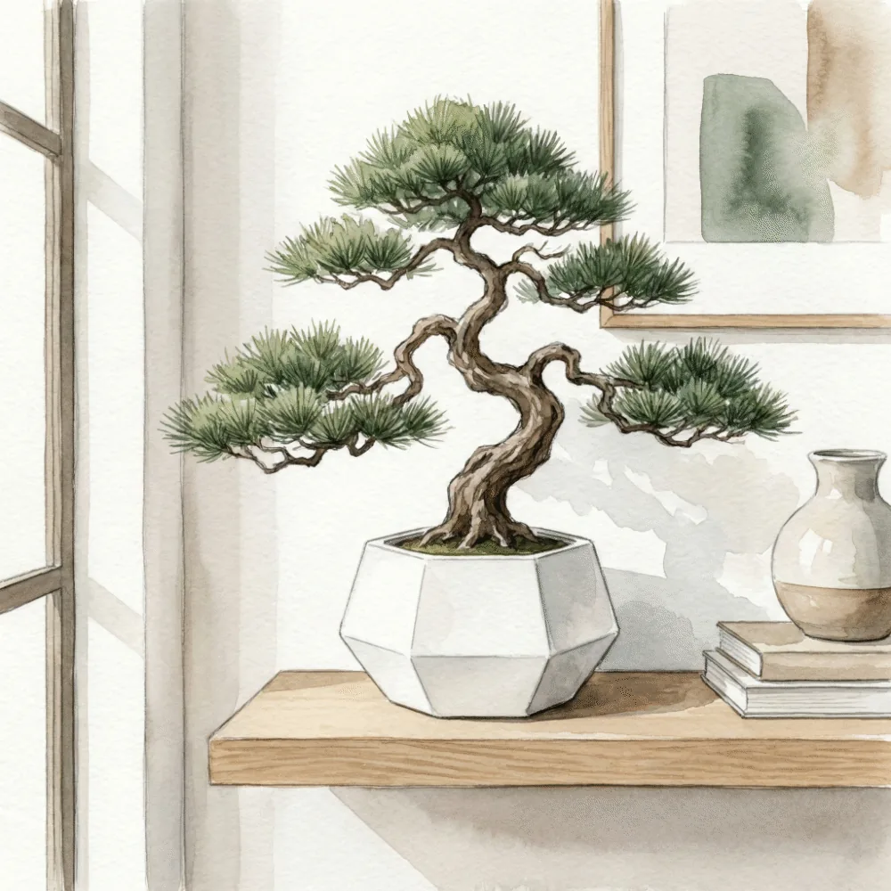 白くてスタイリッシュな鉢に植えられたモダンな松の盆栽が、現代的なリビングに飾られているイラスト