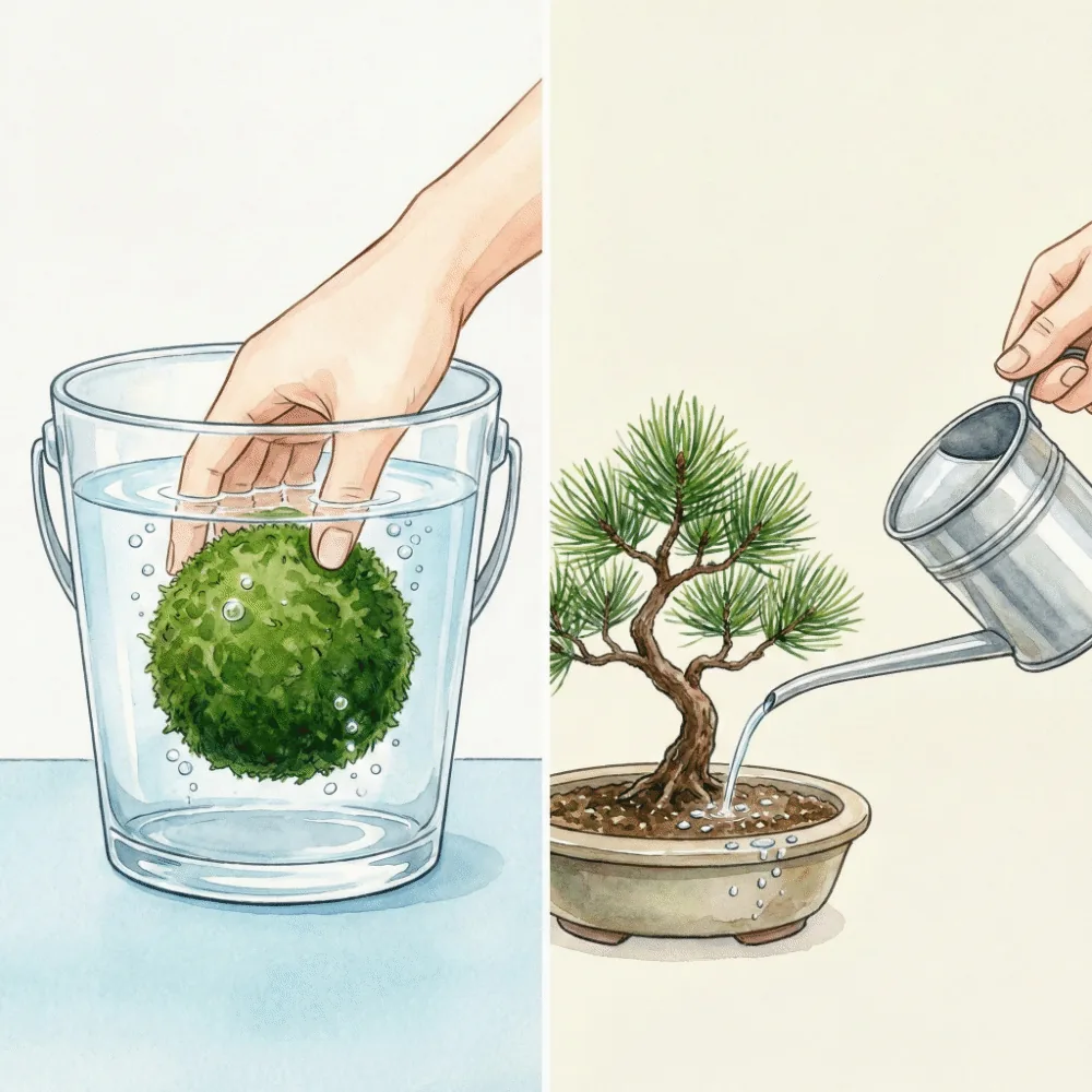 苔玉をバケツの水に沈めて吸水させている様子（ドブ漬け）と、ジョウロで盆栽に水をやっているイラスト