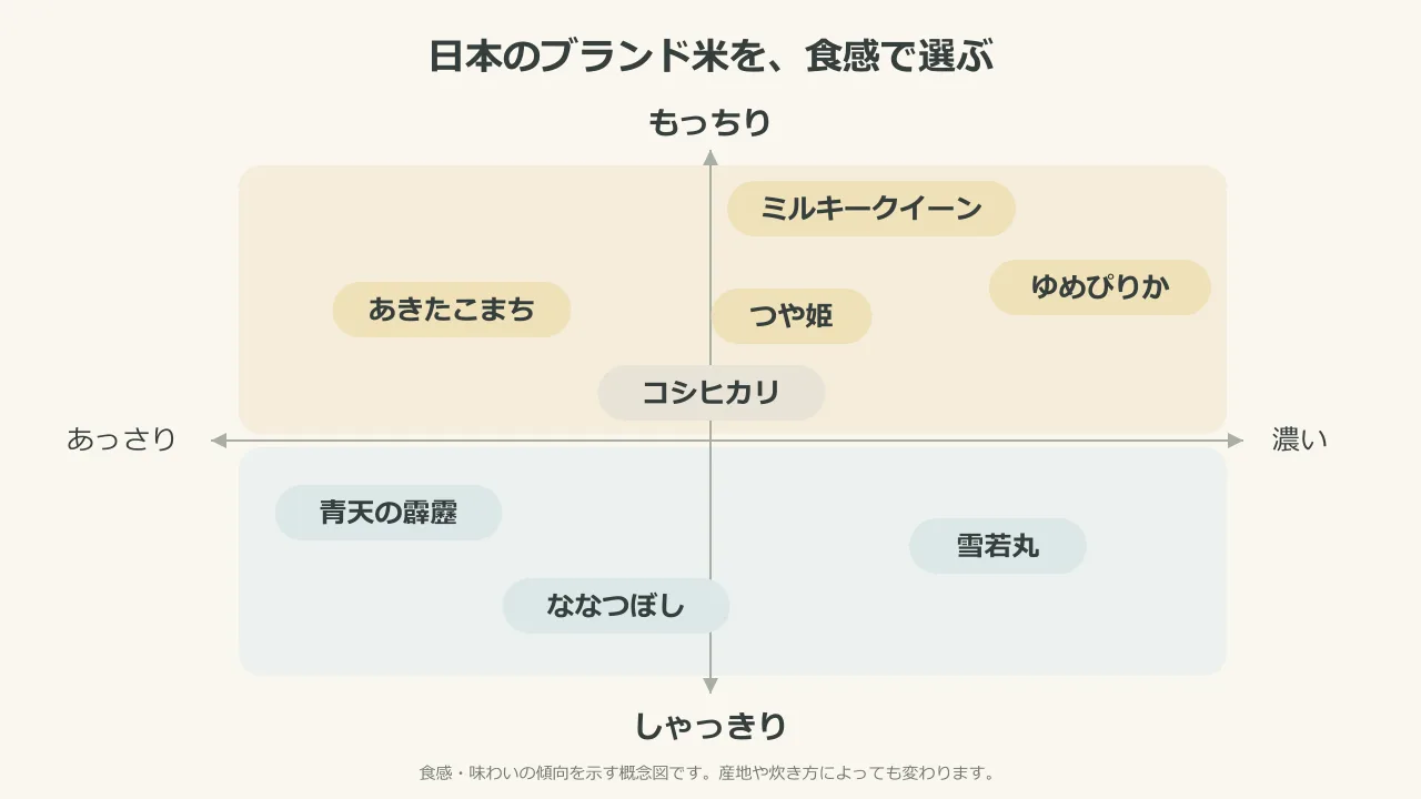 ブランド米を「もっちり・しゃっきり」と「あっさり・濃い」で分けた分布図