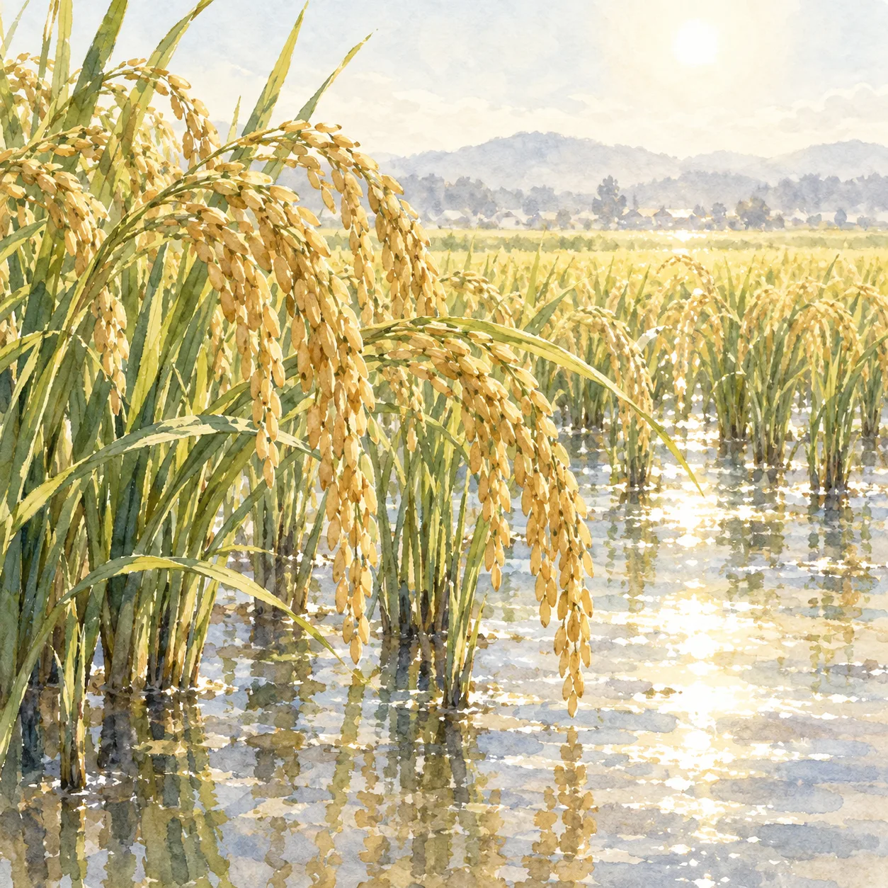 夏の強い日ざしの下で実った稲穂を描いた水彩イラスト
