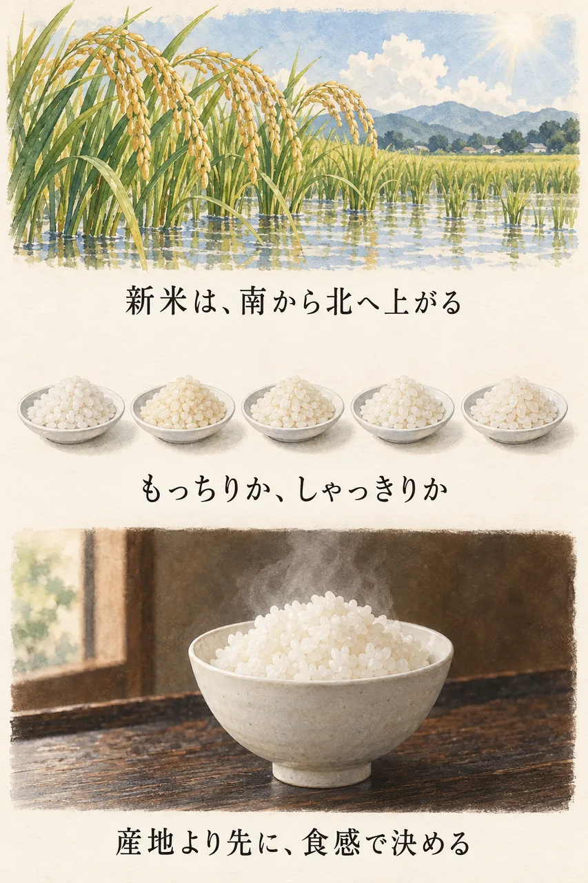 米粒、稲穂、炊きたてのご飯を縦に並べた、まとめのイラスト