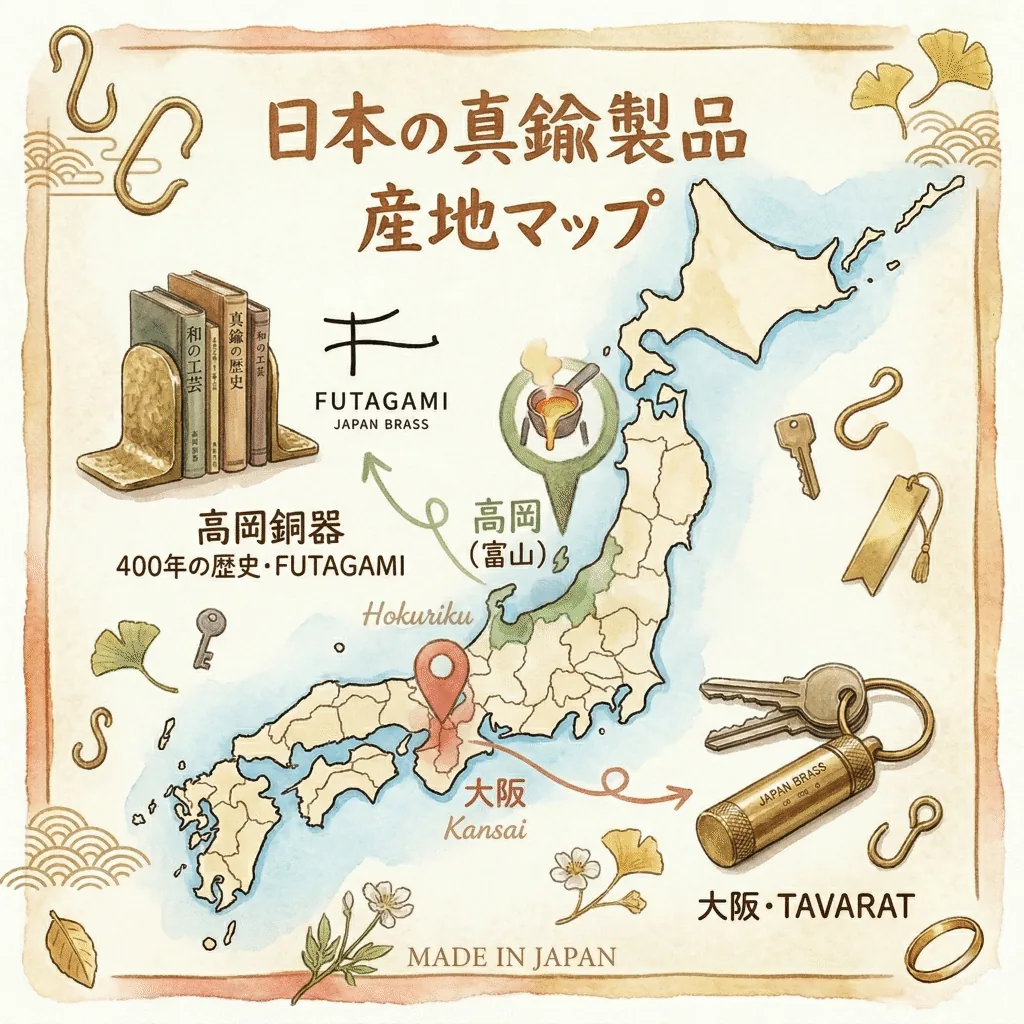 日本地図上に高岡（富山）と大阪の真鍮産地・ブランドを示した産地マップイラスト