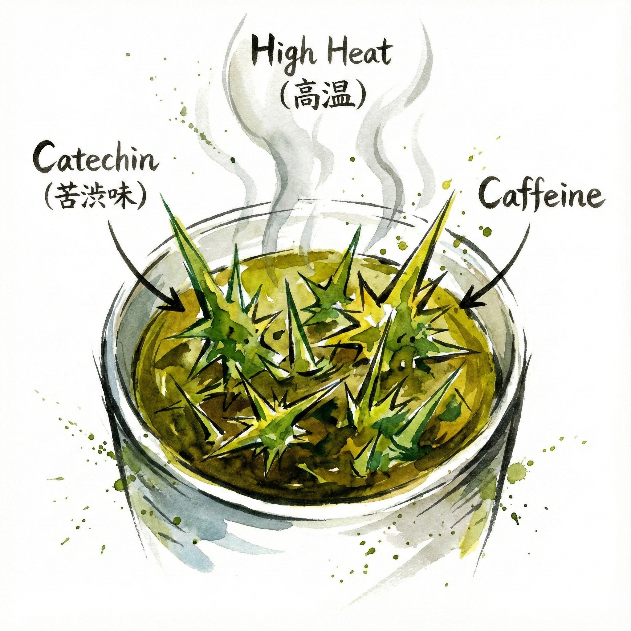 熱湯でお茶を入れると渋み成分カテキンが多く出るイメージ図