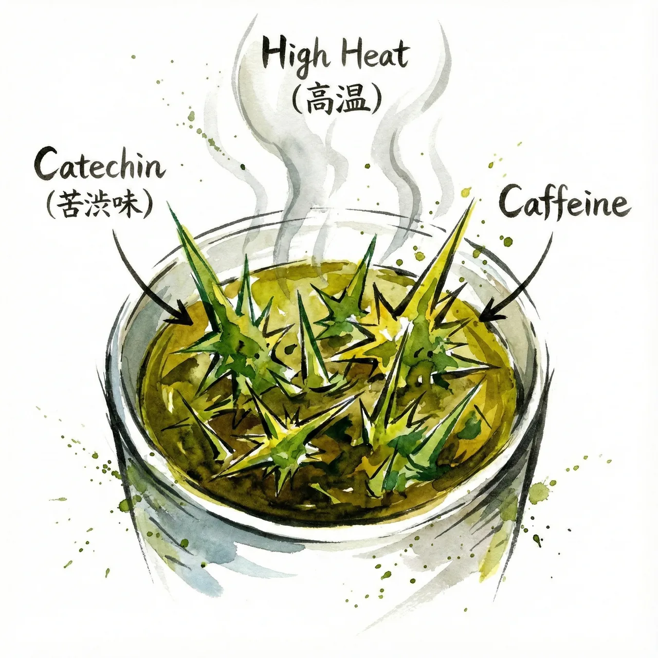 熱湯でお茶を入れると渋み成分カテキンが多く出るイメージ図