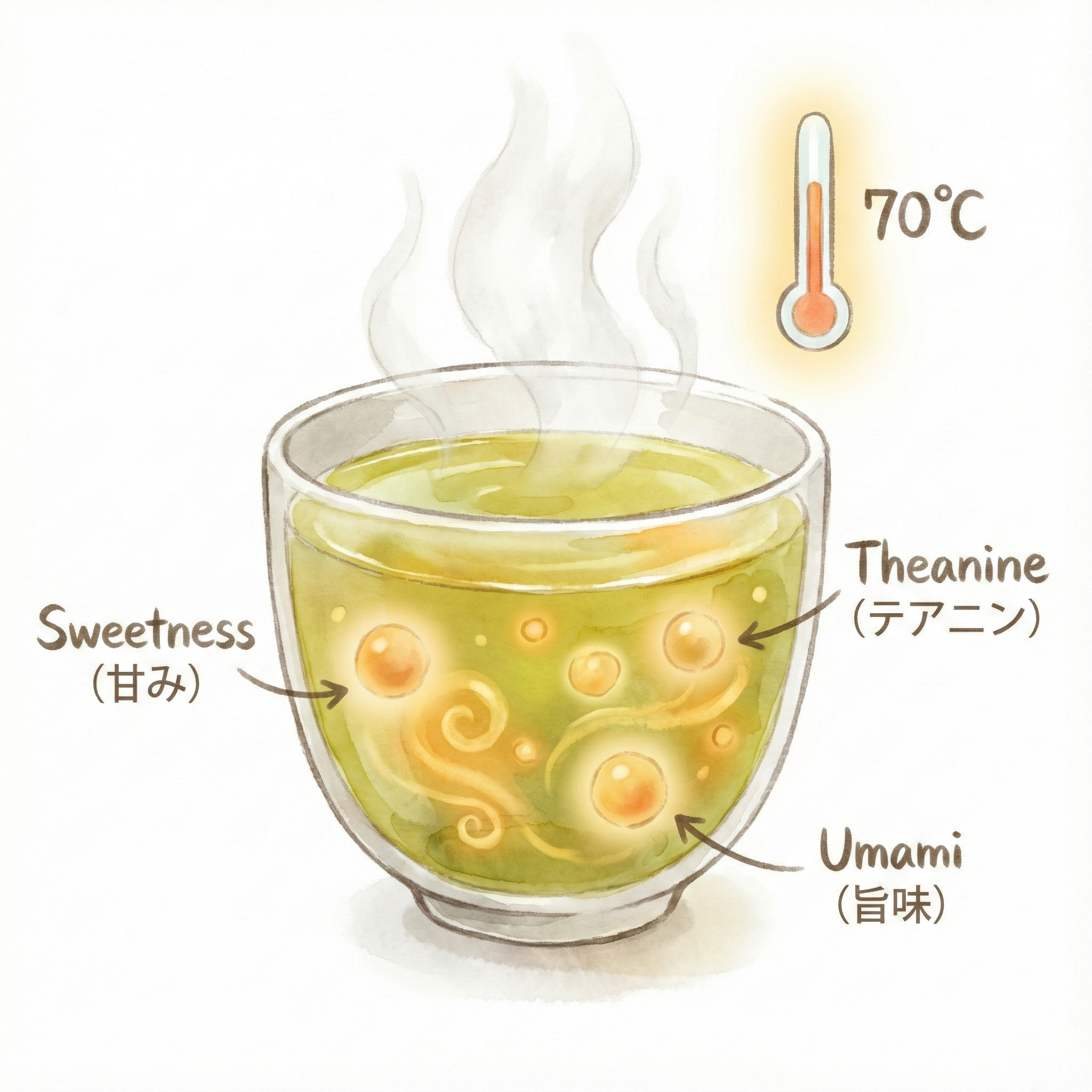 70度のお湯でお茶を入れると甘み成分テアニンが引き立つイメージ図