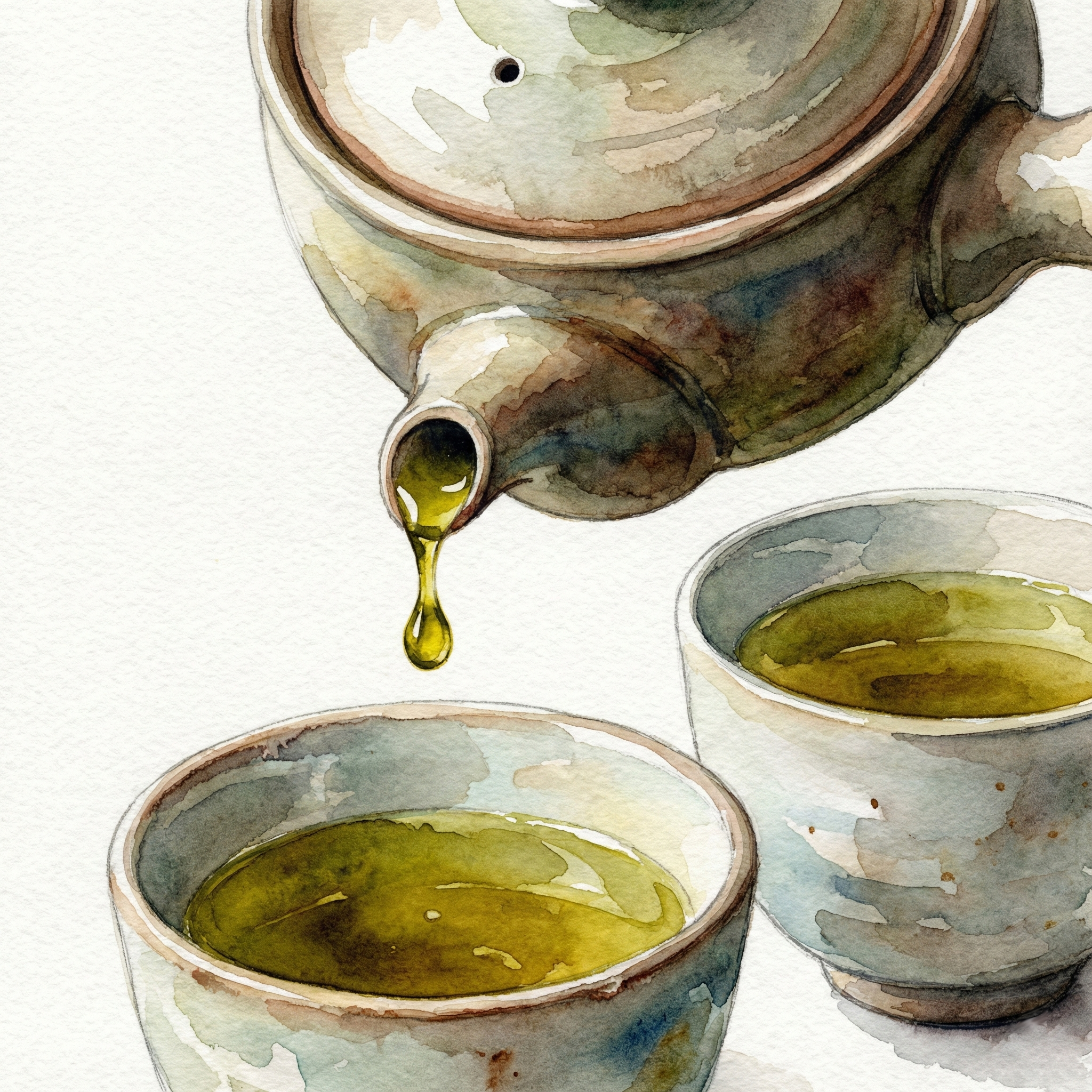 急須をしっかり傾けて最後の一滴を湯呑みに注ぎ切るイラスト