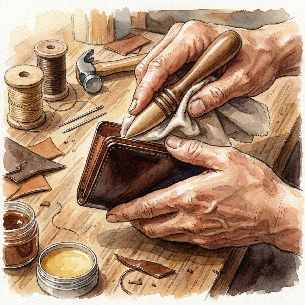 日本の職人が革の断面（コバ）を丁寧に磨き上げている手元のアップのイラスト