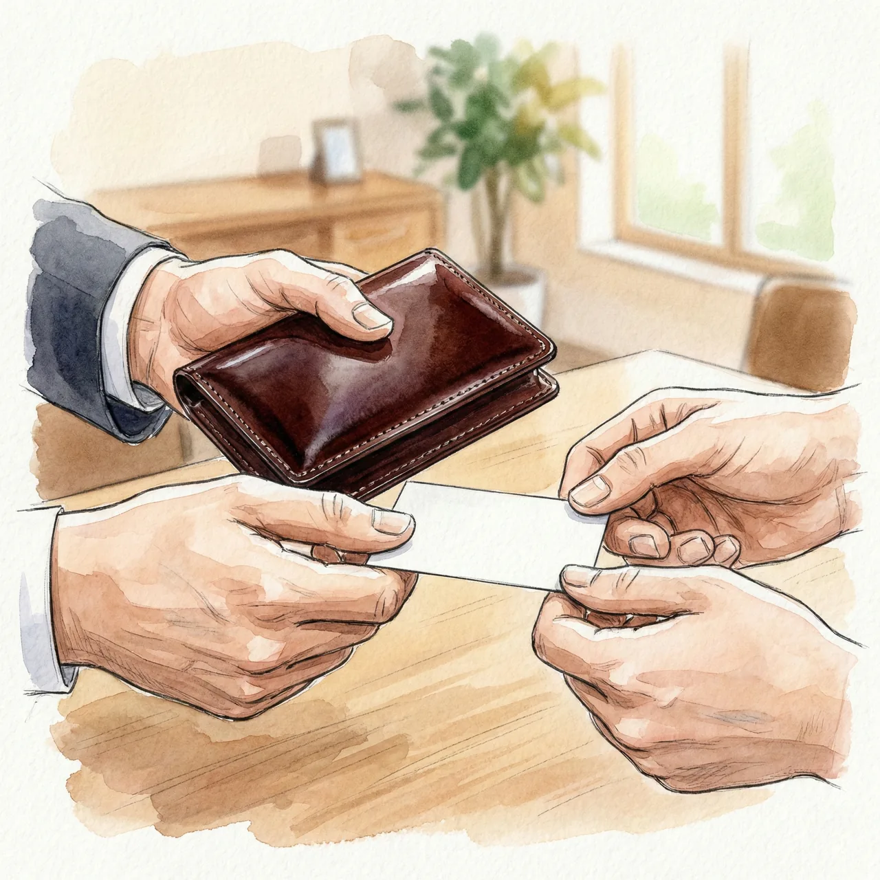 ロゴがなく上質な革の光沢が際立つ名刺入れで、落ち着いて名刺交換をするビジネスマンのイラスト