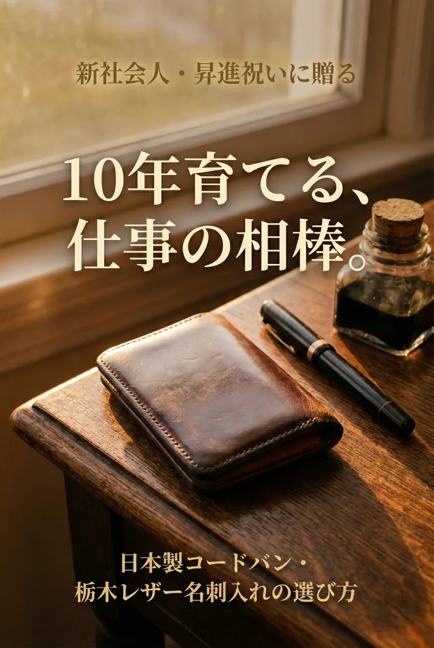 使い込まれて良い艶が出た日本製の革製名刺入れと、万年筆が置かれたデスクのイメージ画像