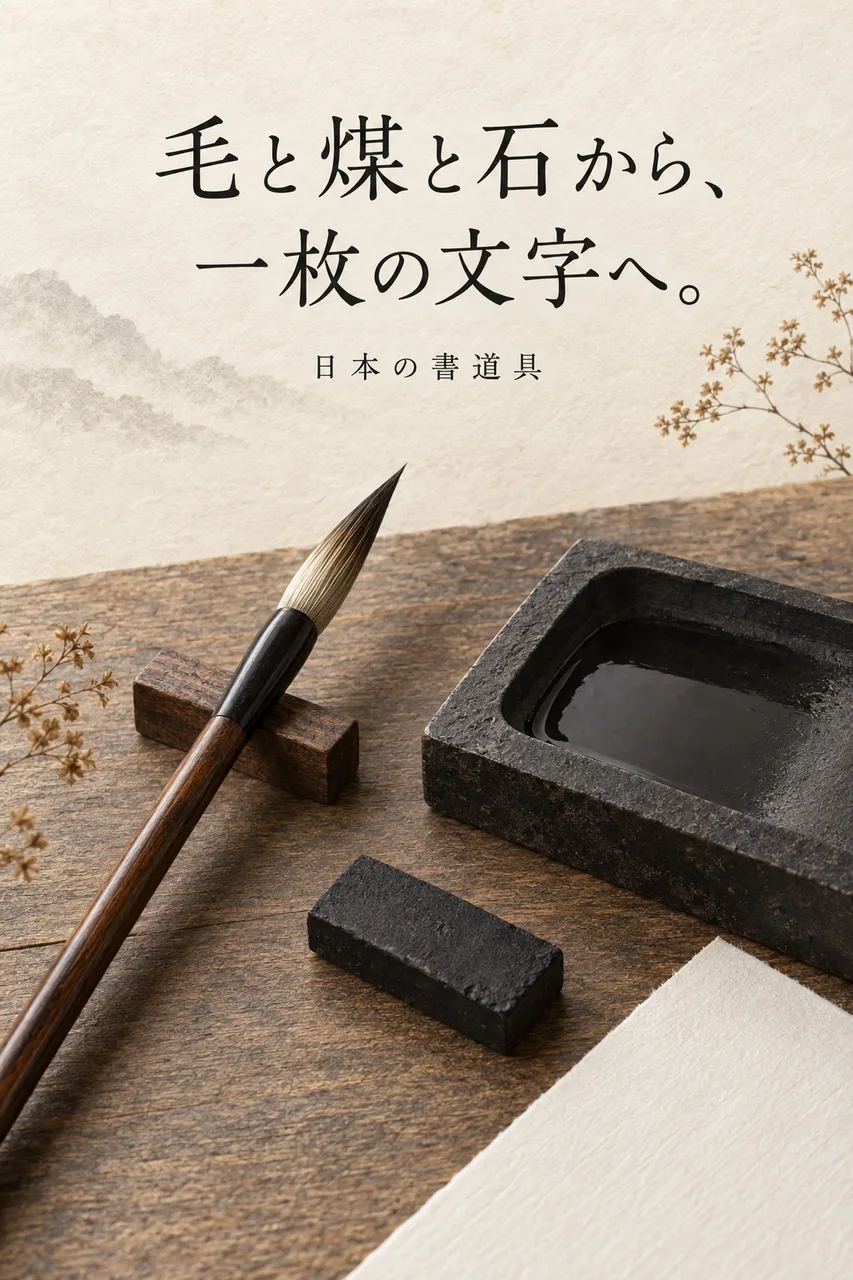 日本の書道筆、固形墨、硯を描いた縦長のまとめ画像