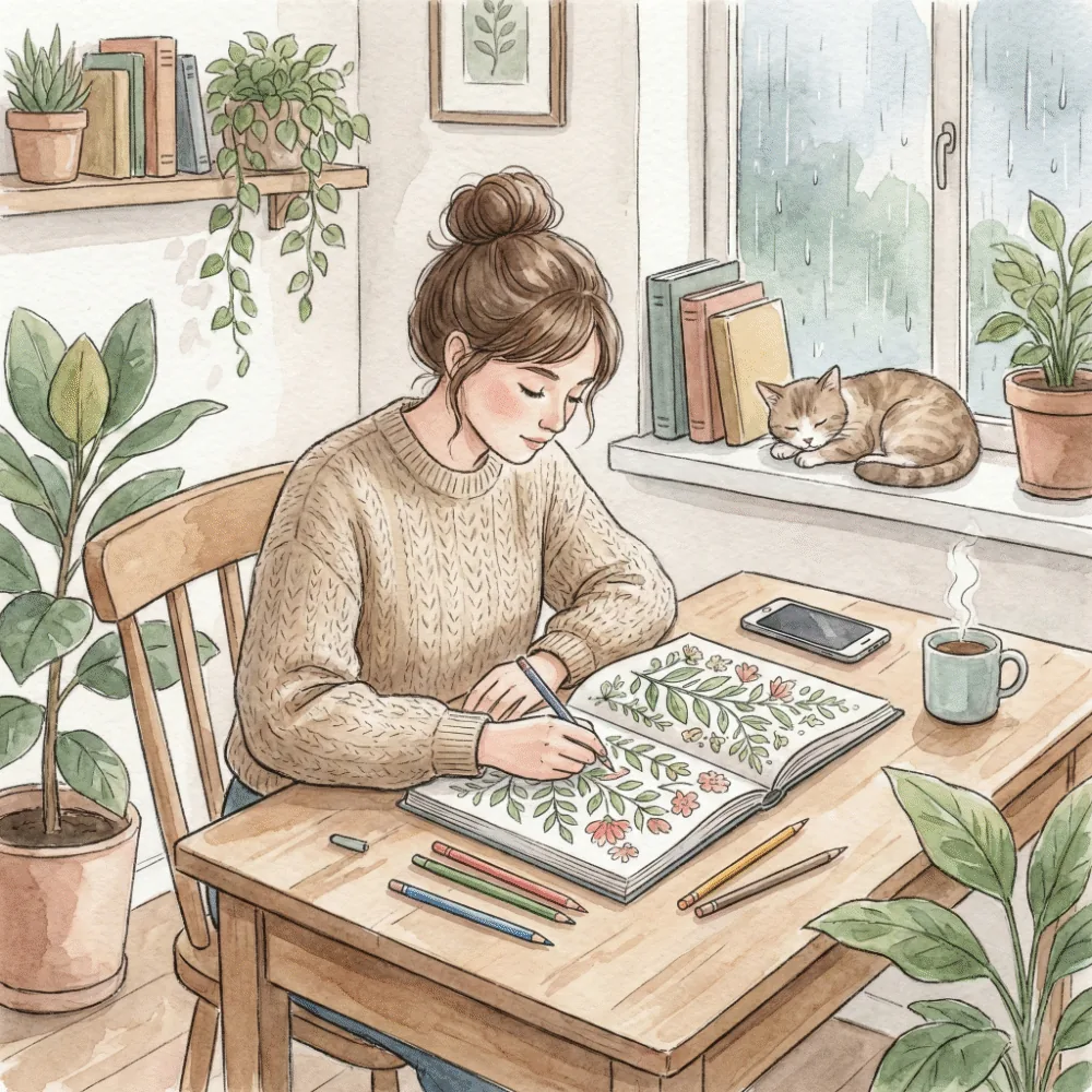 静かな部屋で、女性がリラックスした表情で塗り絵をしているシーン。スマホは遠くに置かれている