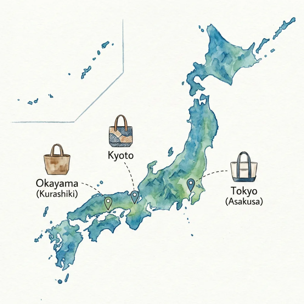 日本地図の上に、倉敷（岡山）、京都、浅草（東京）の位置を帆布バッグのアイコンで示した産地マップのイラスト