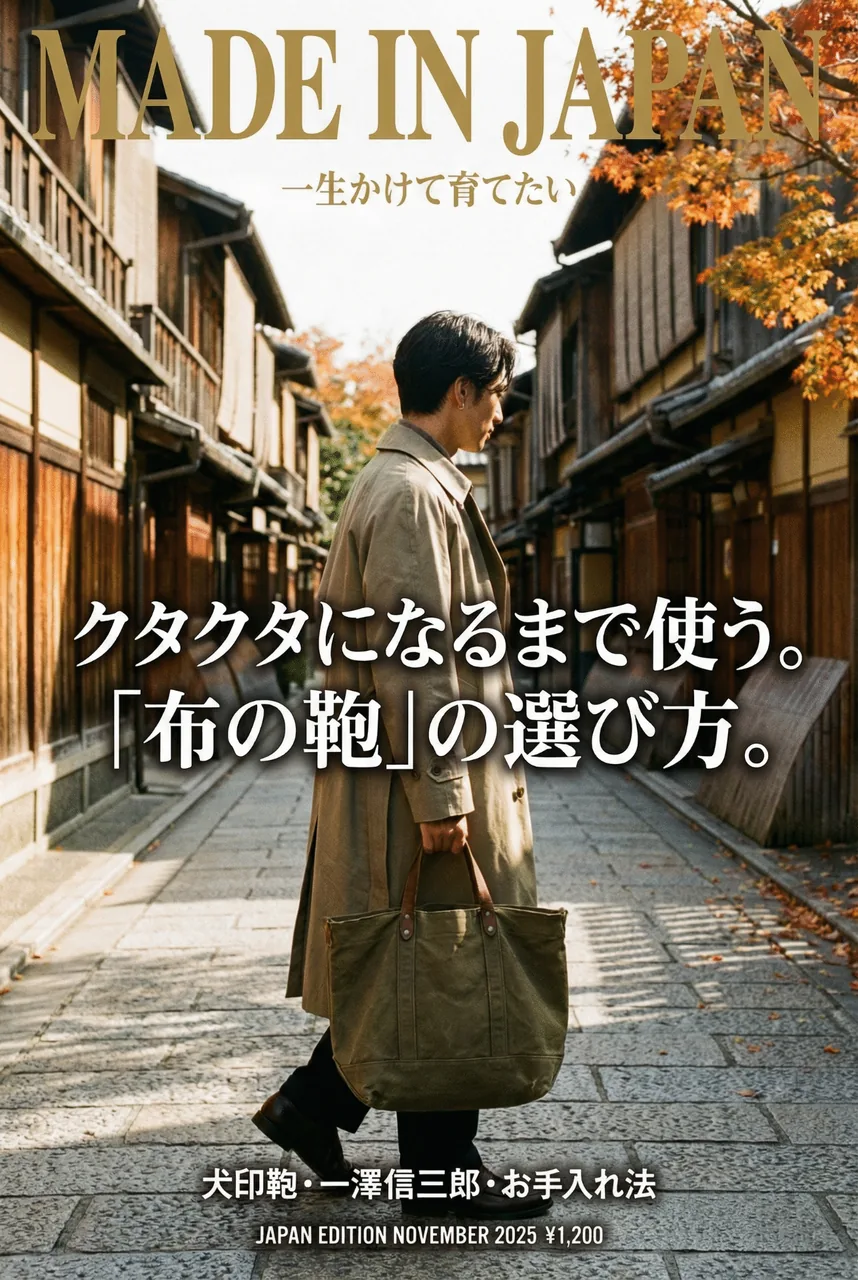 使い込まれて良い風合いになった複数の帆布トートバッグやリュックが、自然光の中で並んでいる様子