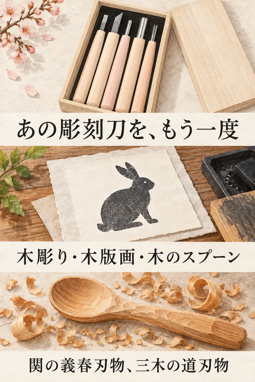 彫刻刀の並んだ桐箱、刷り上がった木版画のはがき、彫りかけの木のスプーンを縦に並べたまとめイラスト