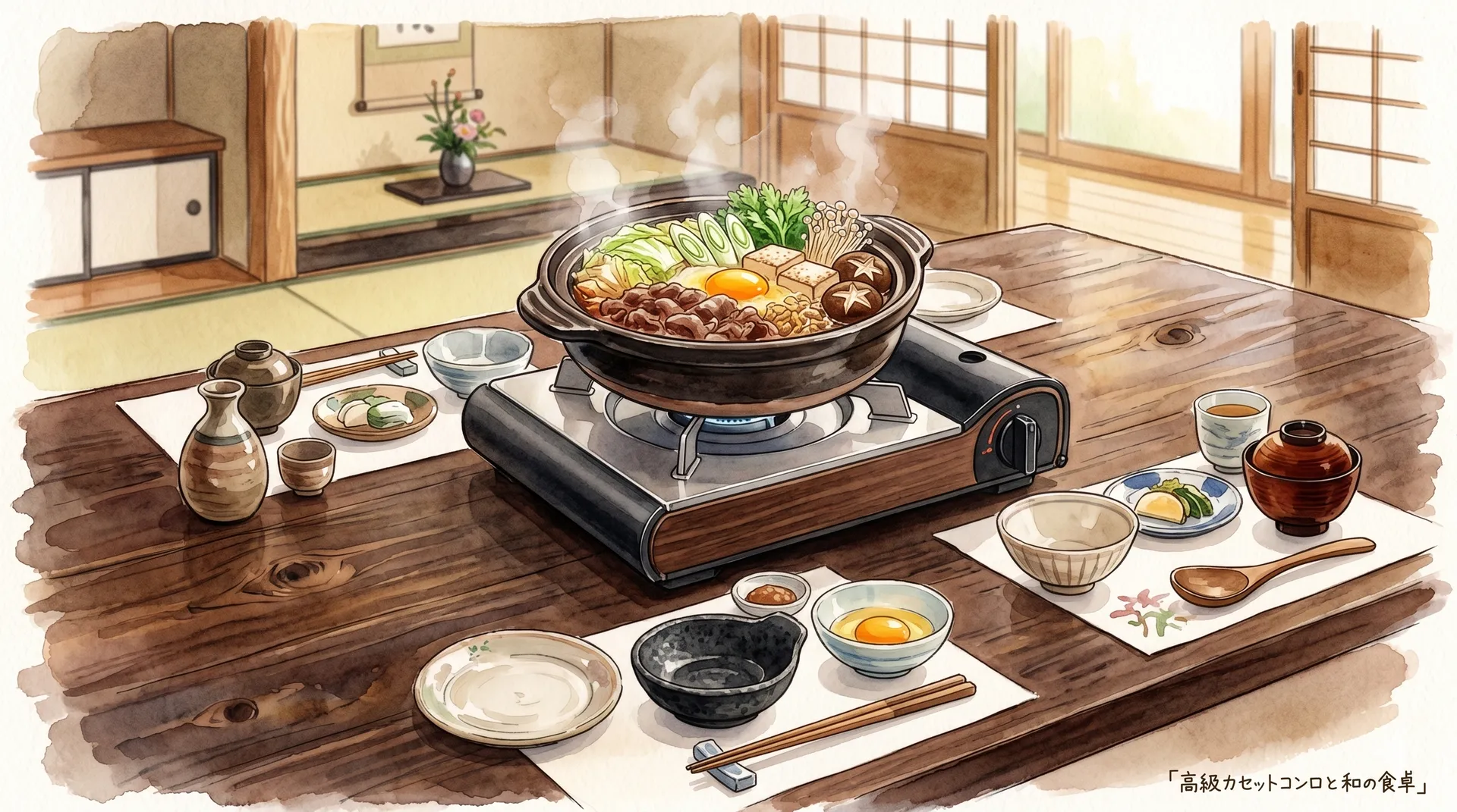 美しいデザインの高級カセットコンロと土鍋ですき焼きを楽しむ上質な食卓のイラスト