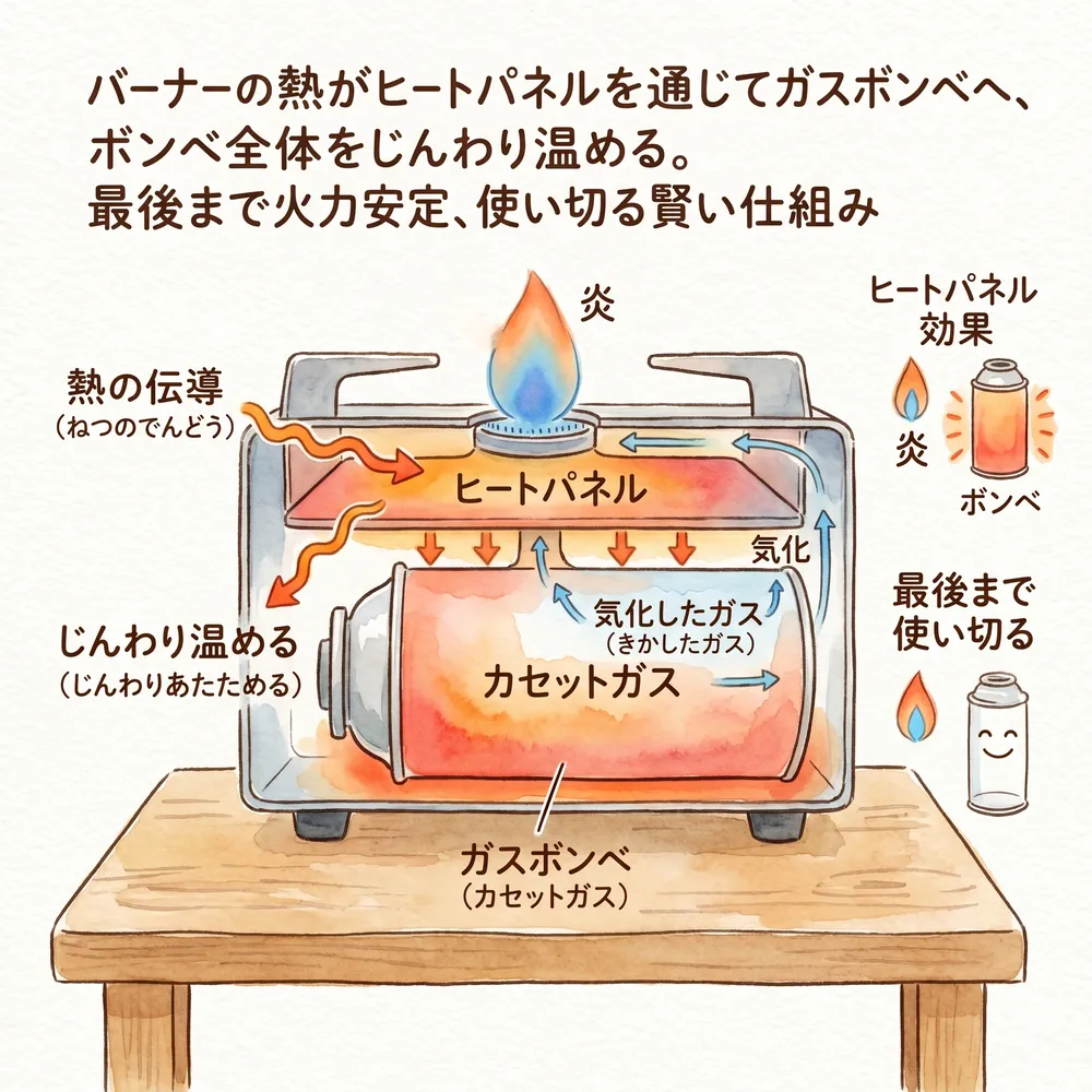 バーナーの熱をボンベに伝えて温めるヒートパネル機構の図解イラスト