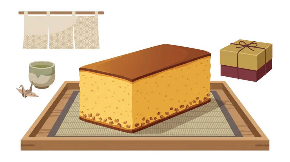 しっとりと黄金色に焼き上がり、底にザラメが残る長崎カステラのイメージイラスト