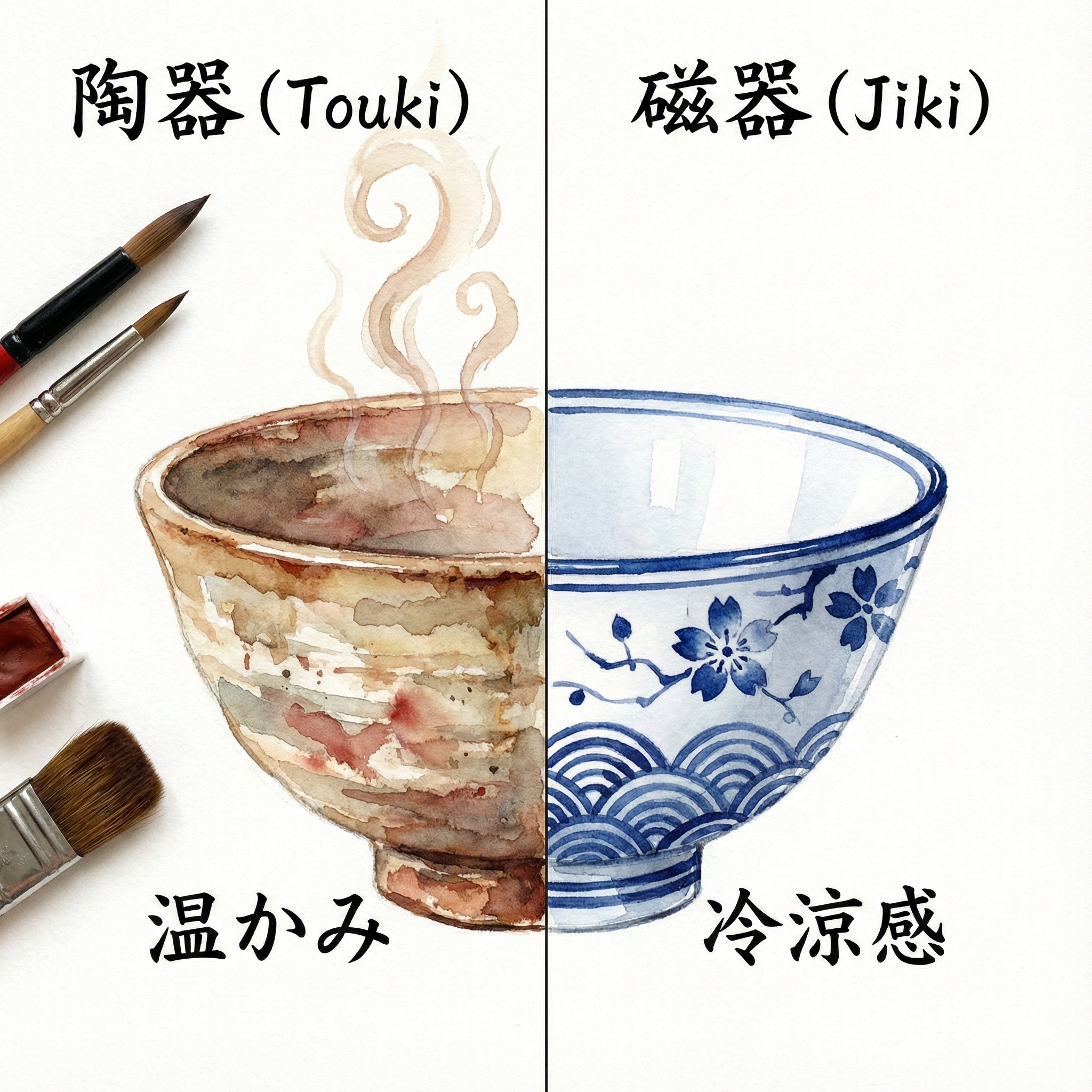 陶器（土物）と磁器（石物）の茶碗比較イラスト
