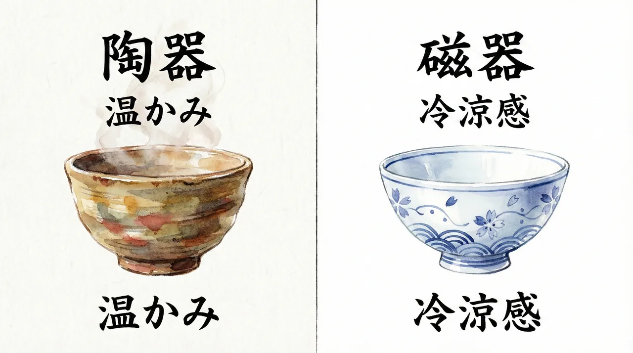 陶器（土物）と磁器（石物）の茶碗比較イラスト