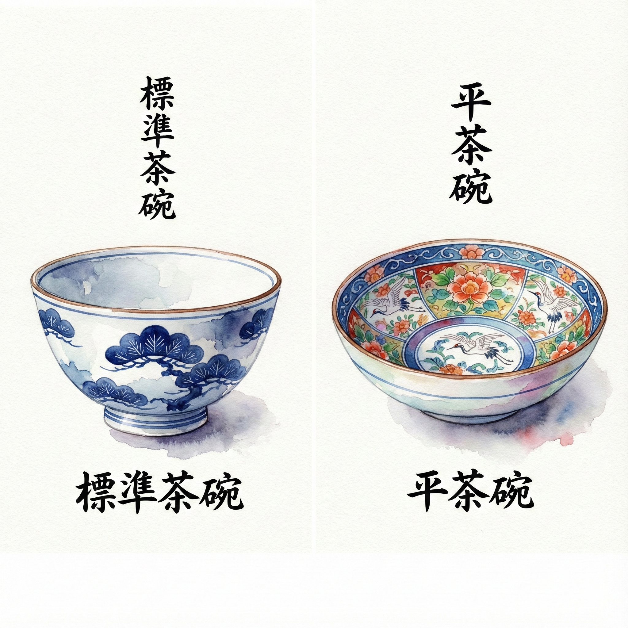 一般的な茶碗と平茶碗の形状比較イラスト