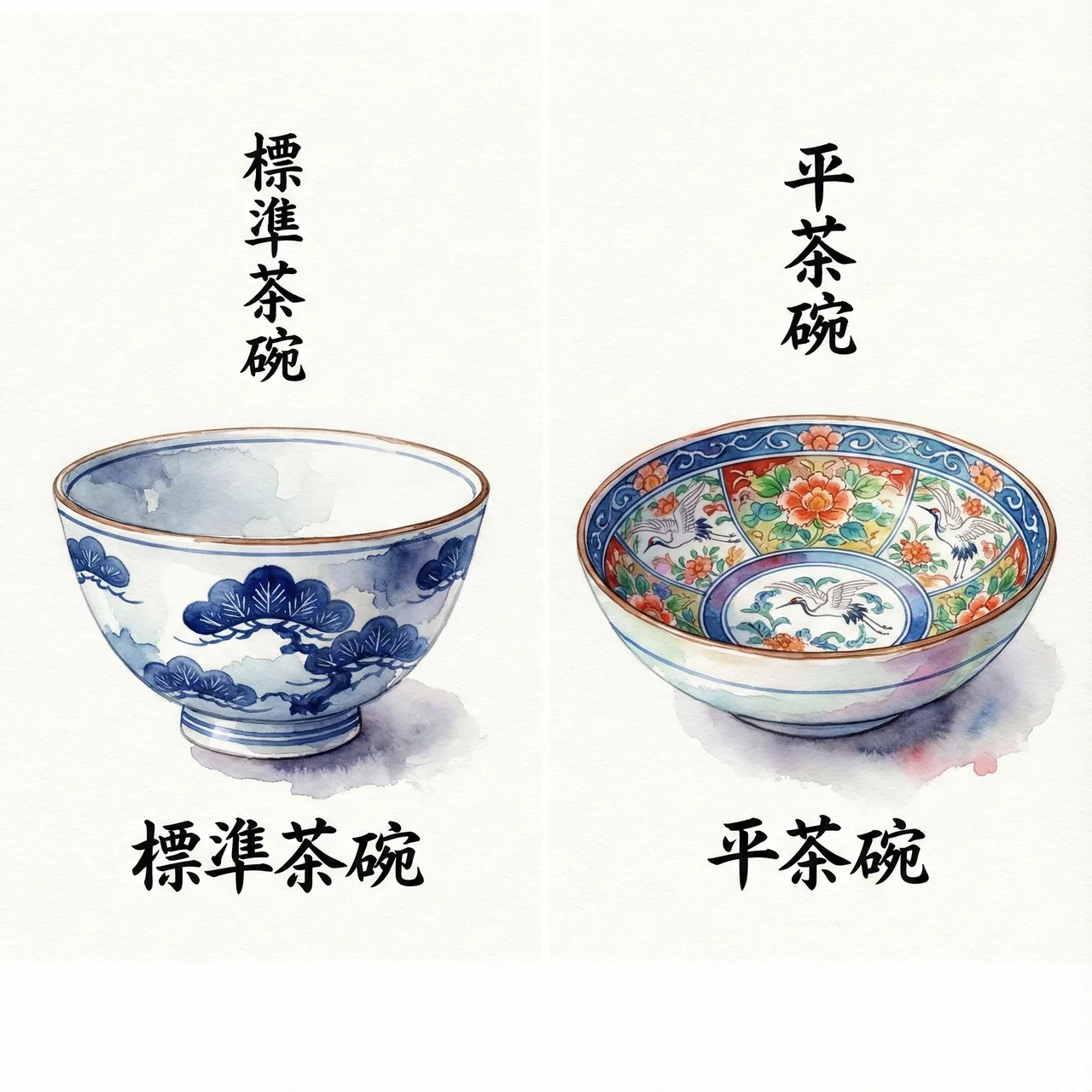 一般的な茶碗と平茶碗の形状比較イラスト
