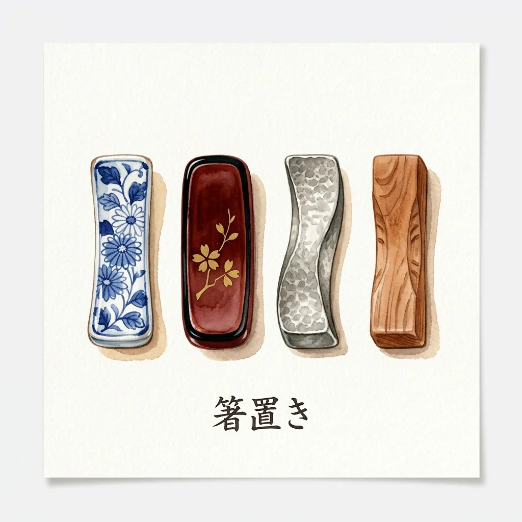 陶器・漆器・錫・木製の4種類の箸置きを並べた比較イラスト