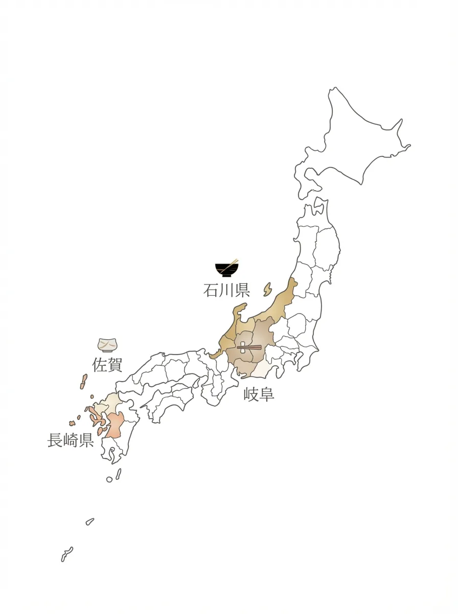 日本地図に美濃（岐阜）・波佐見（長崎）・有田（佐賀）・輪島（石川）の産地を示した地図イラスト