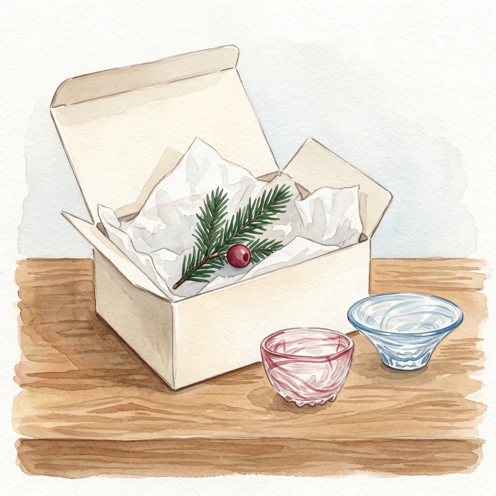 小さなガラスの盃を2つ、化粧箱の脇に並べた水彩イラスト