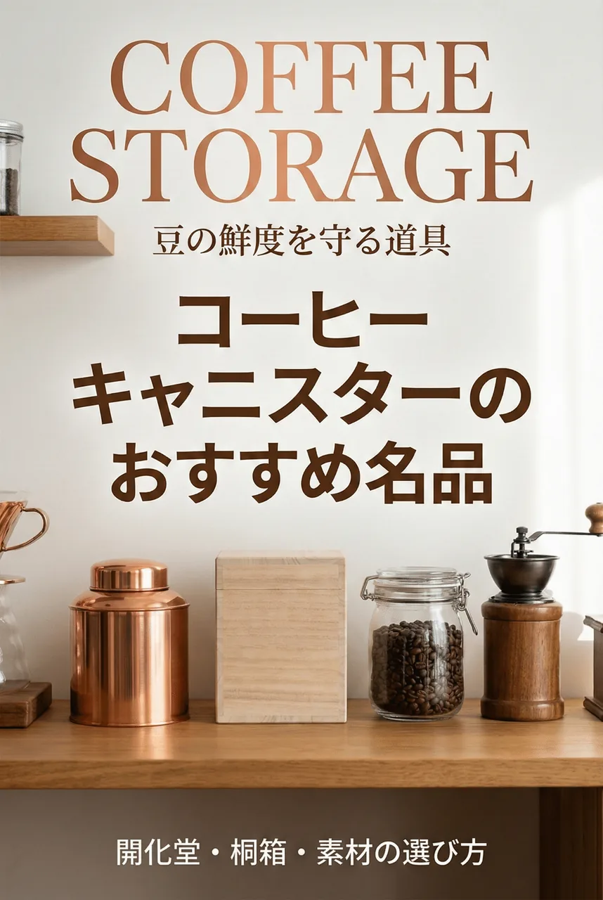 落ち着いたリビングで、使い込まれた開化堂のコーヒーキャニスターとコーヒーカップが置かれている静かな時間