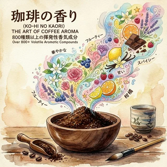 コーヒーの香りが揮発する様子を示す水彩画イラスト