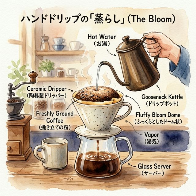 コーヒードリッパーで粉が膨らむブルーム現象の水彩画イラスト