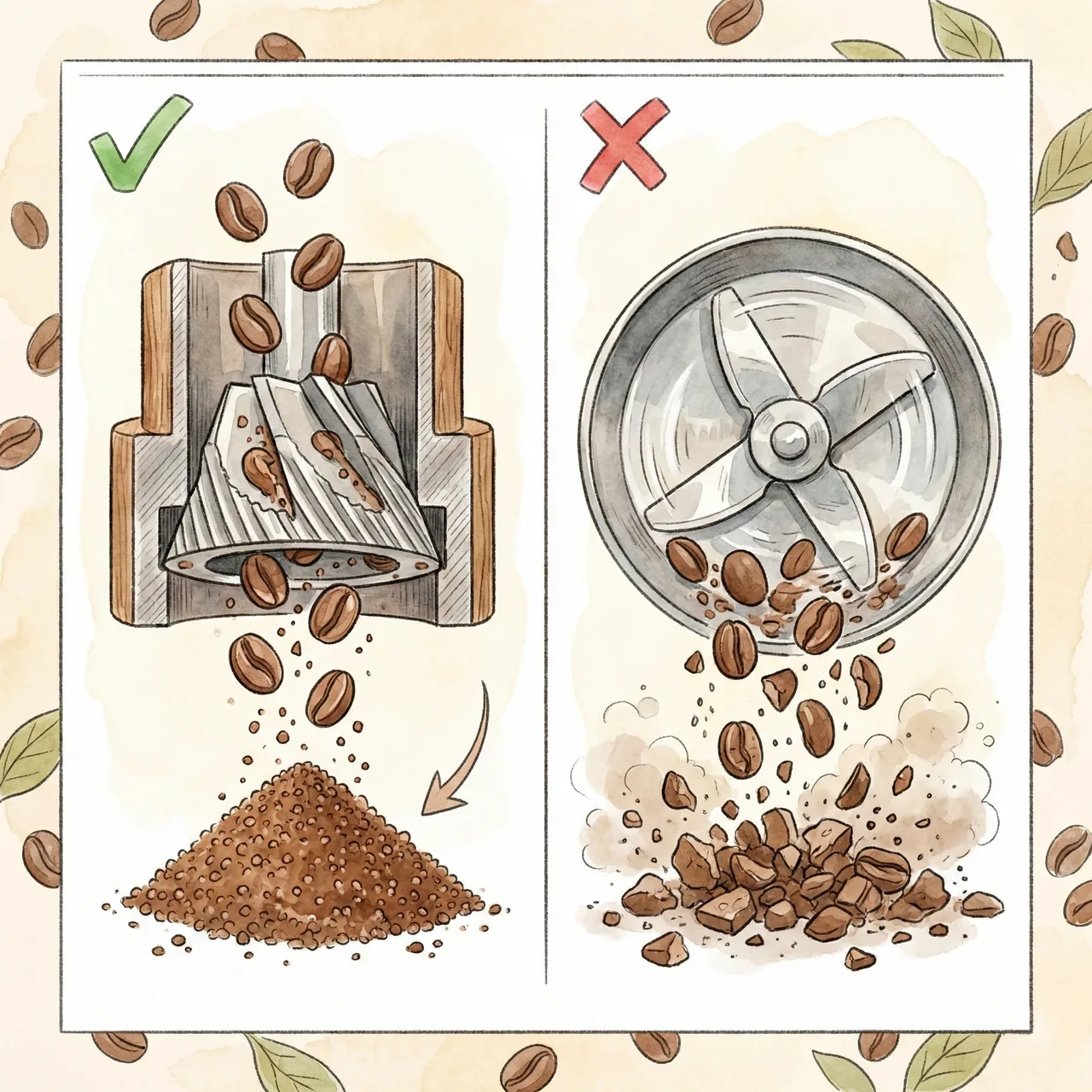 コーヒー豆が均一に挽かれる様子と、不均一な微粉が混じっている様子の比較イラスト