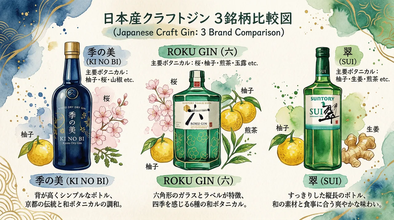 日本産クラフトジン3銘柄（季の美・ROKU GIN・翠）のボトルシルエット比較イラスト