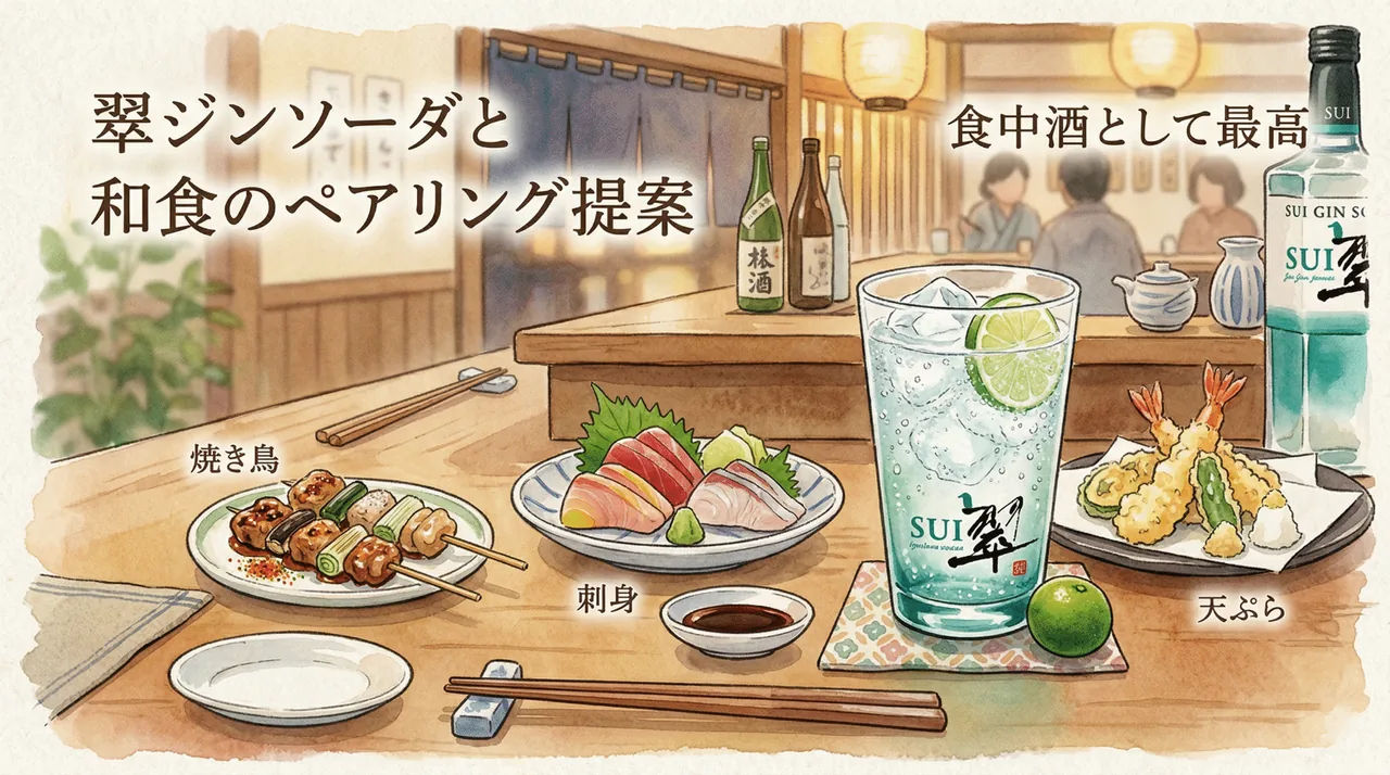 翠ジンソーダと和食のペアリング提案図。焼き鳥・刺身・天ぷらとジンソーダが並んだ食卓イラスト