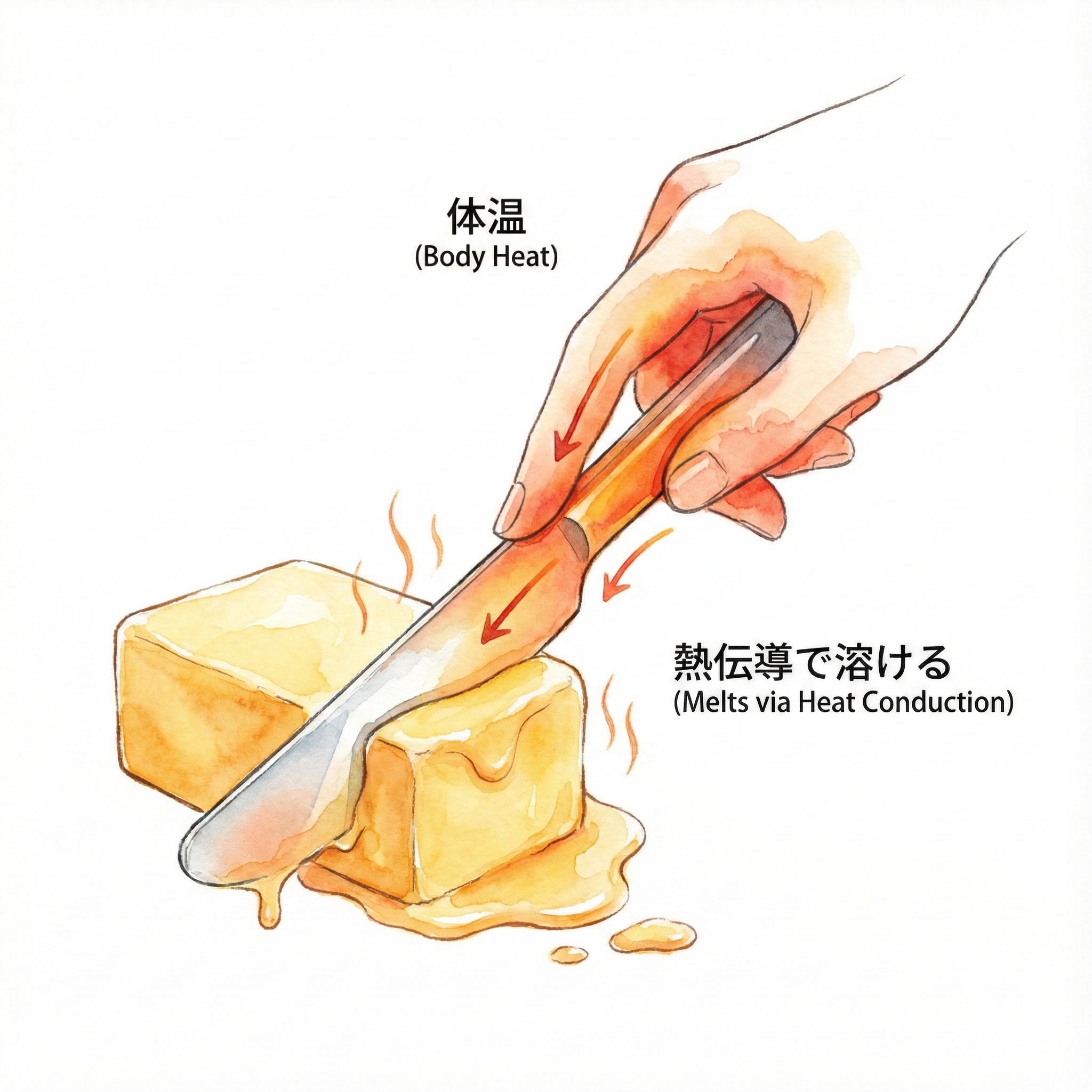 手の熱でバターを溶かしながら切る熱伝導ナイフのイラスト