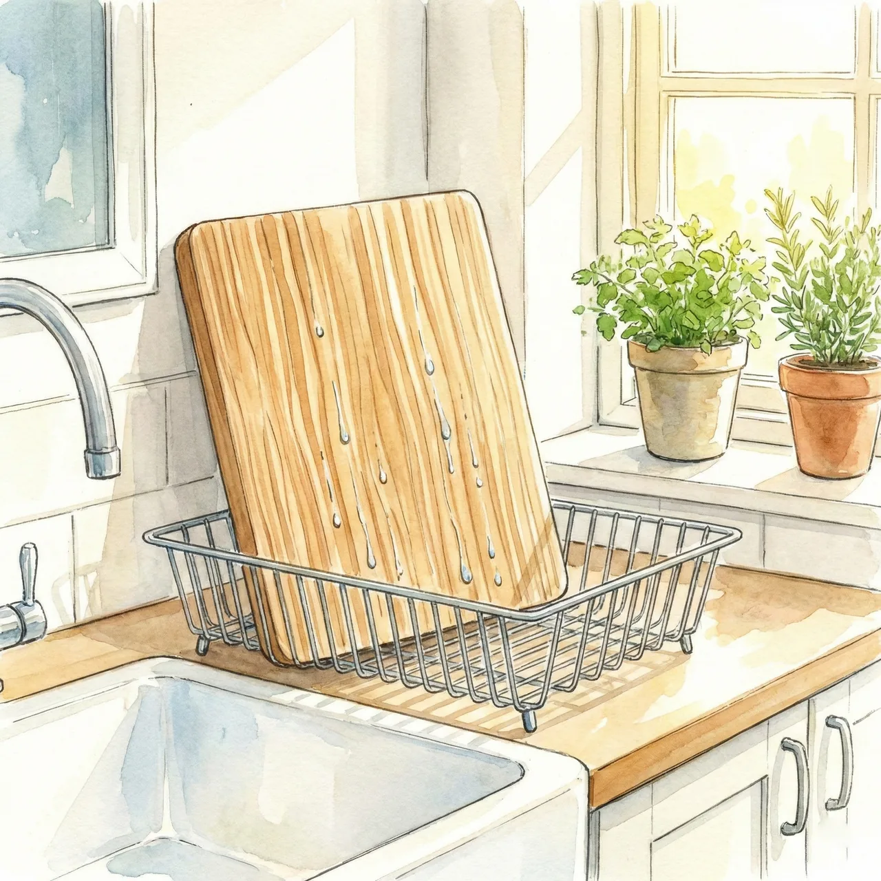 木目の方向が縦になるように、まな板スタンドに立てて乾燥させているイラスト