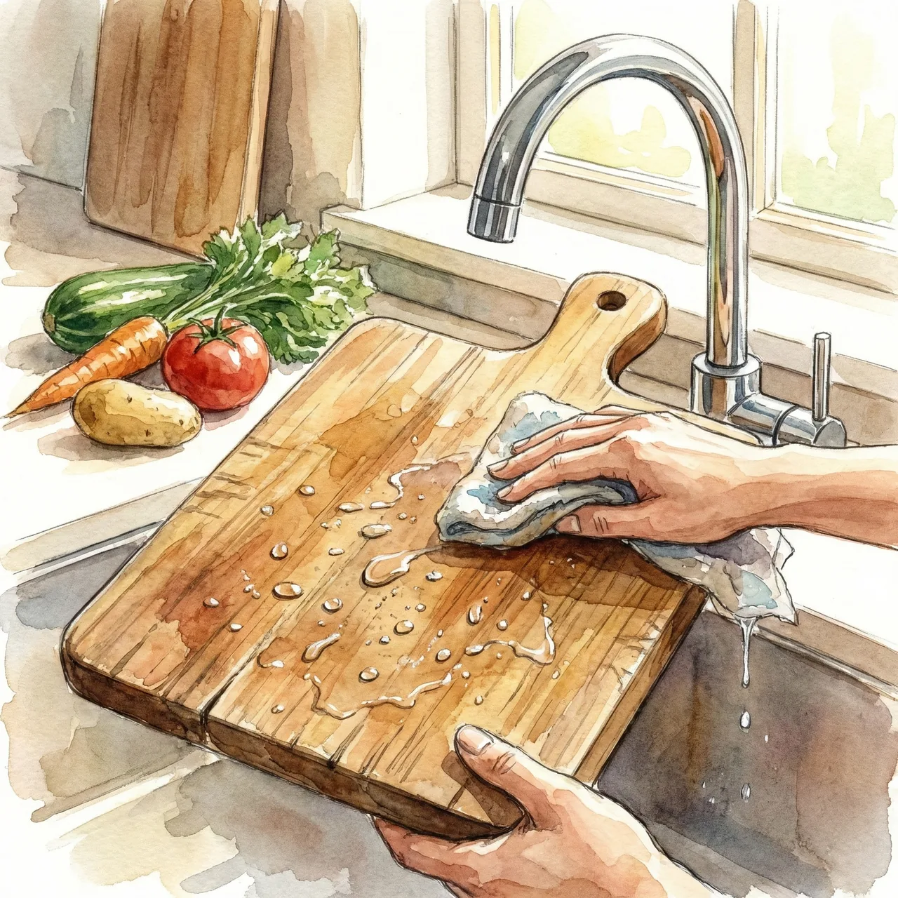 料理をする前に、まな板を水で濡らしているシーンのイラスト
