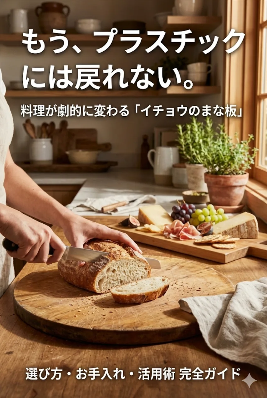 使い込まれたイチョウのまな板と包丁