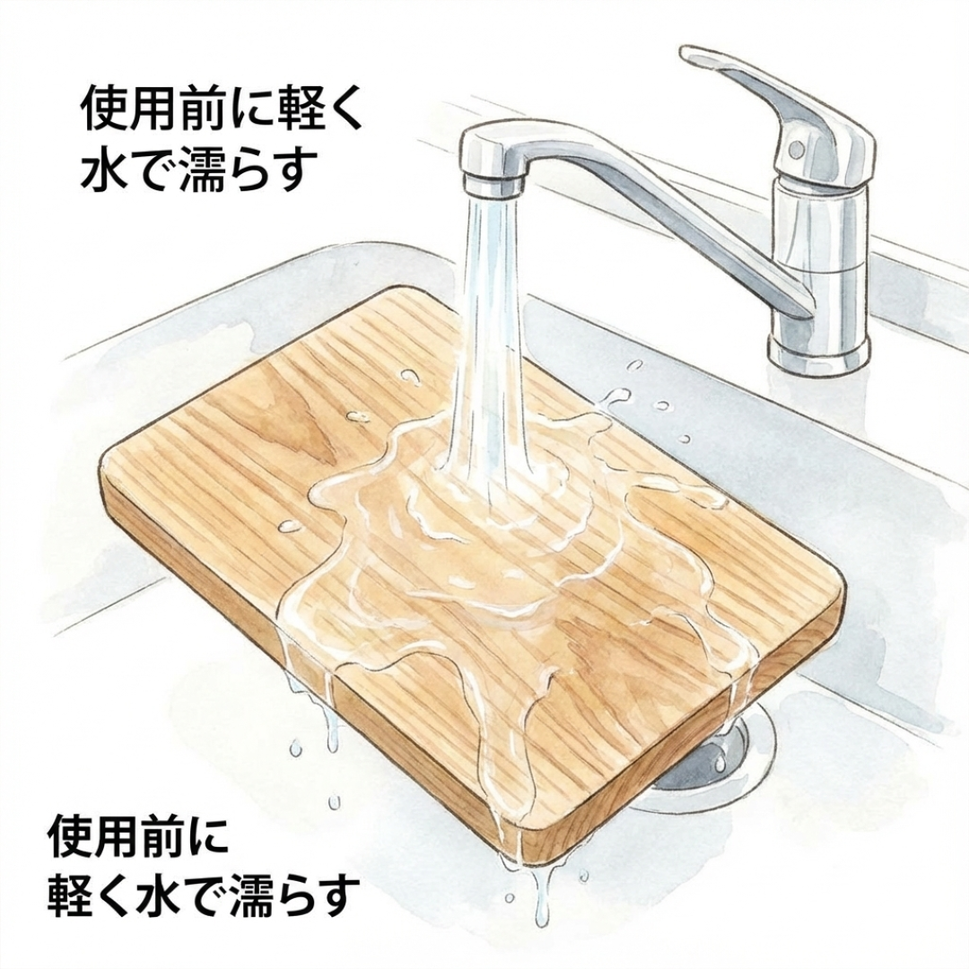 使用前にまな板を水で濡らすイラスト
