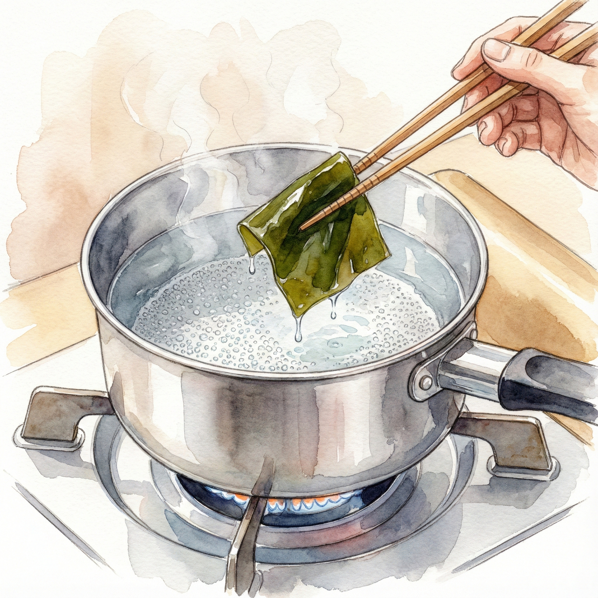 鍋底から小さな気泡が出始めたタイミングで、箸で昆布を取り出している水彩風イラスト