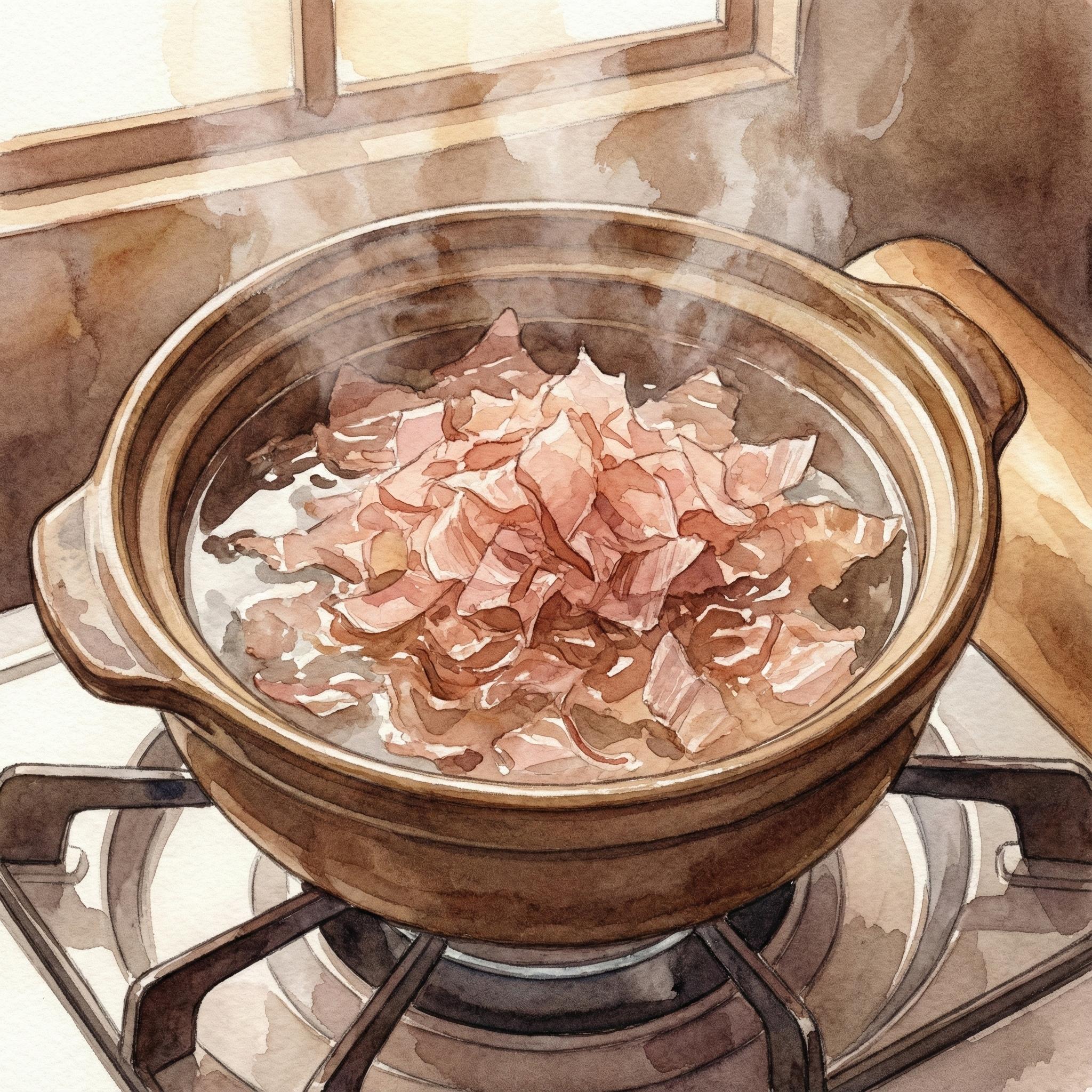火を止めた鍋にたっぷりのかつお節を入れ、静かに沈むのを待っている水彩風イラスト