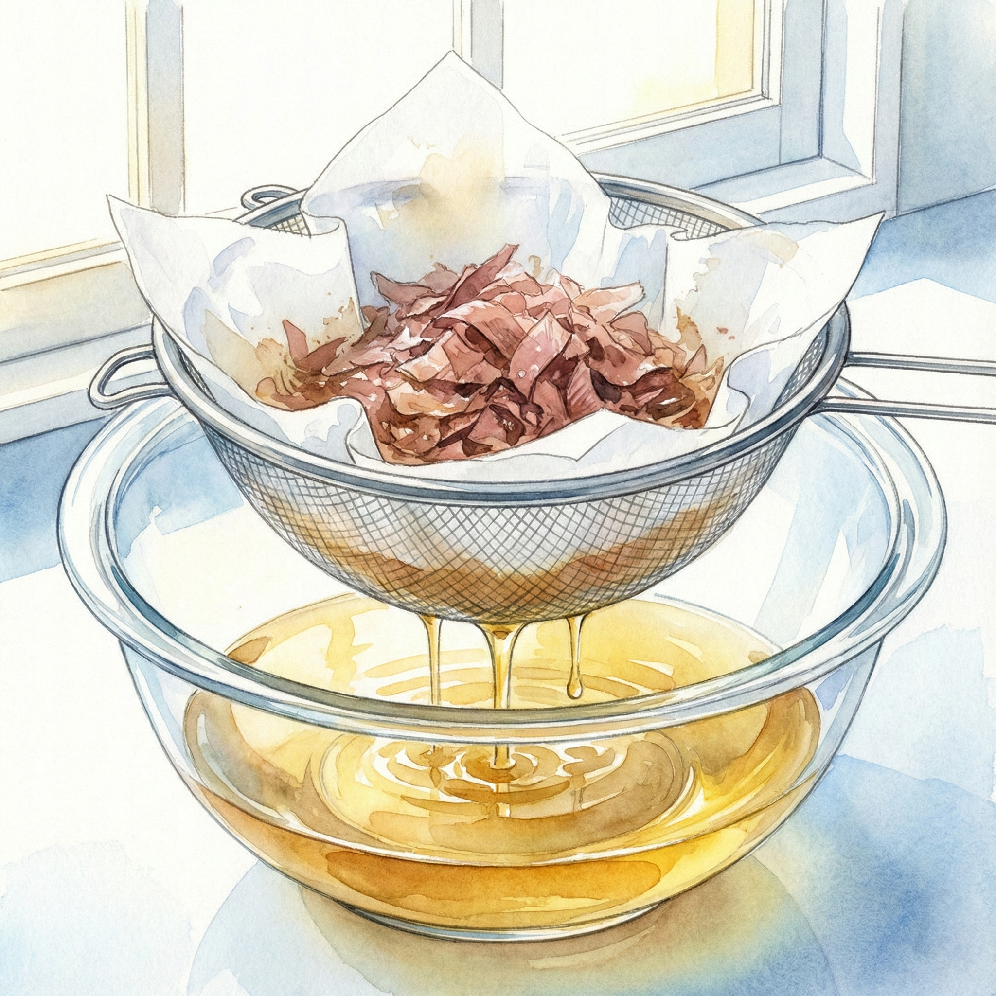 ザルとペーパーで出汁をこしている様子。黄金色の液体がボウルに落ちている水彩風イラスト