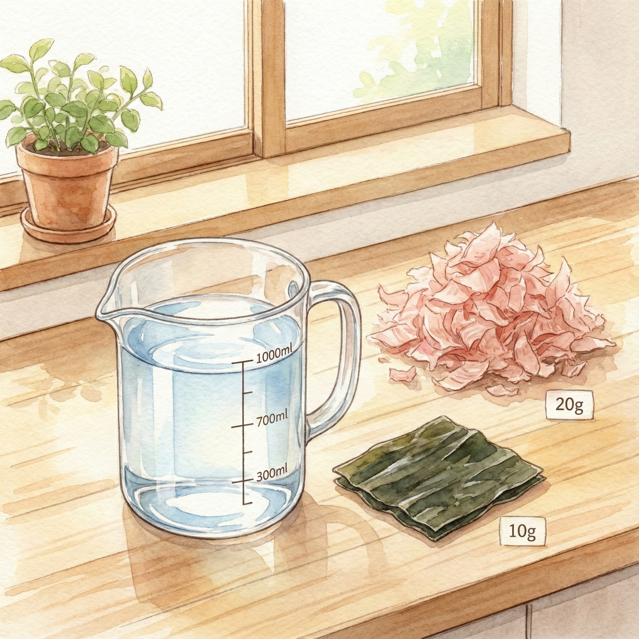 水、昆布、かつお節の分量バランスを示したイラスト