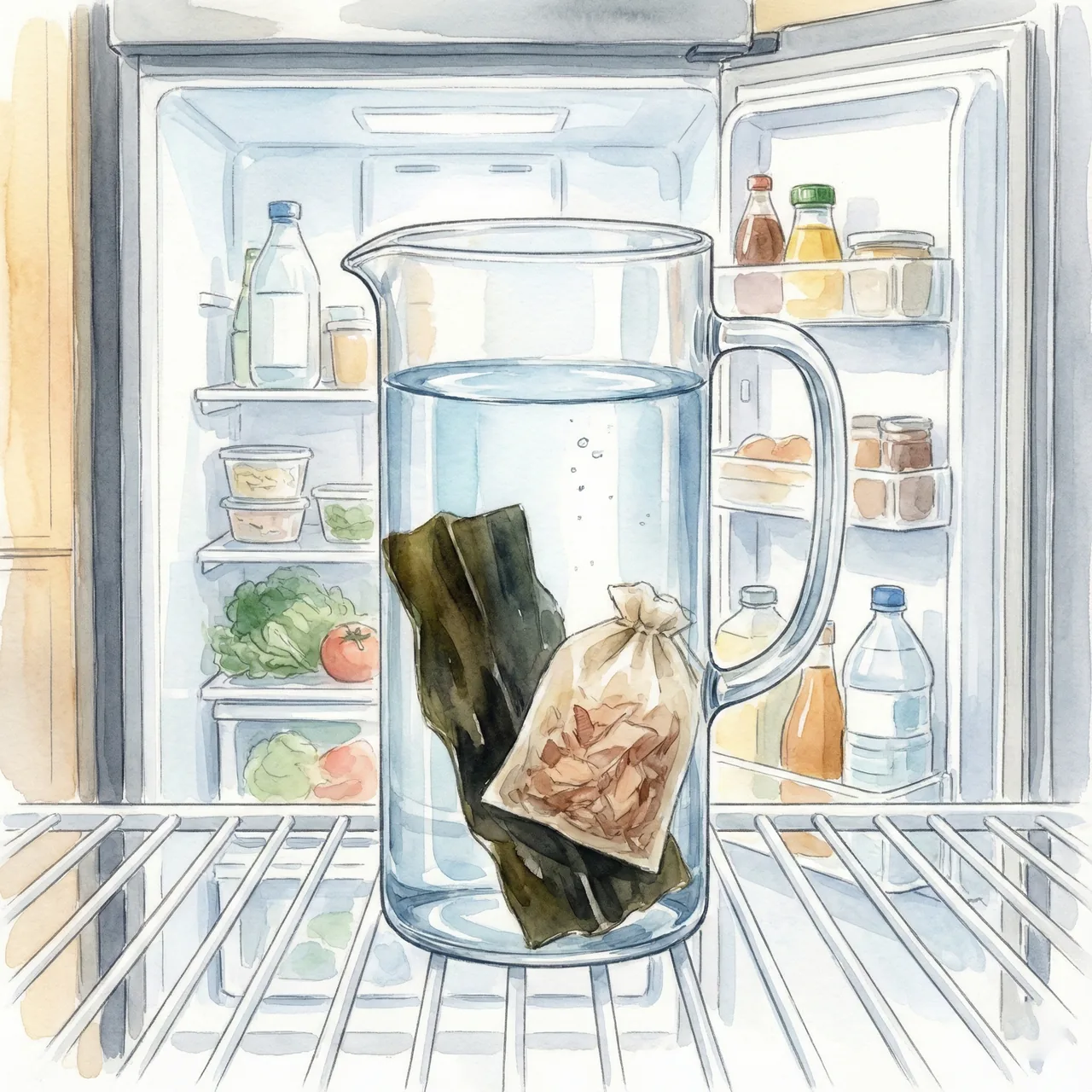 ポットで水出し出汁を作っているイラスト