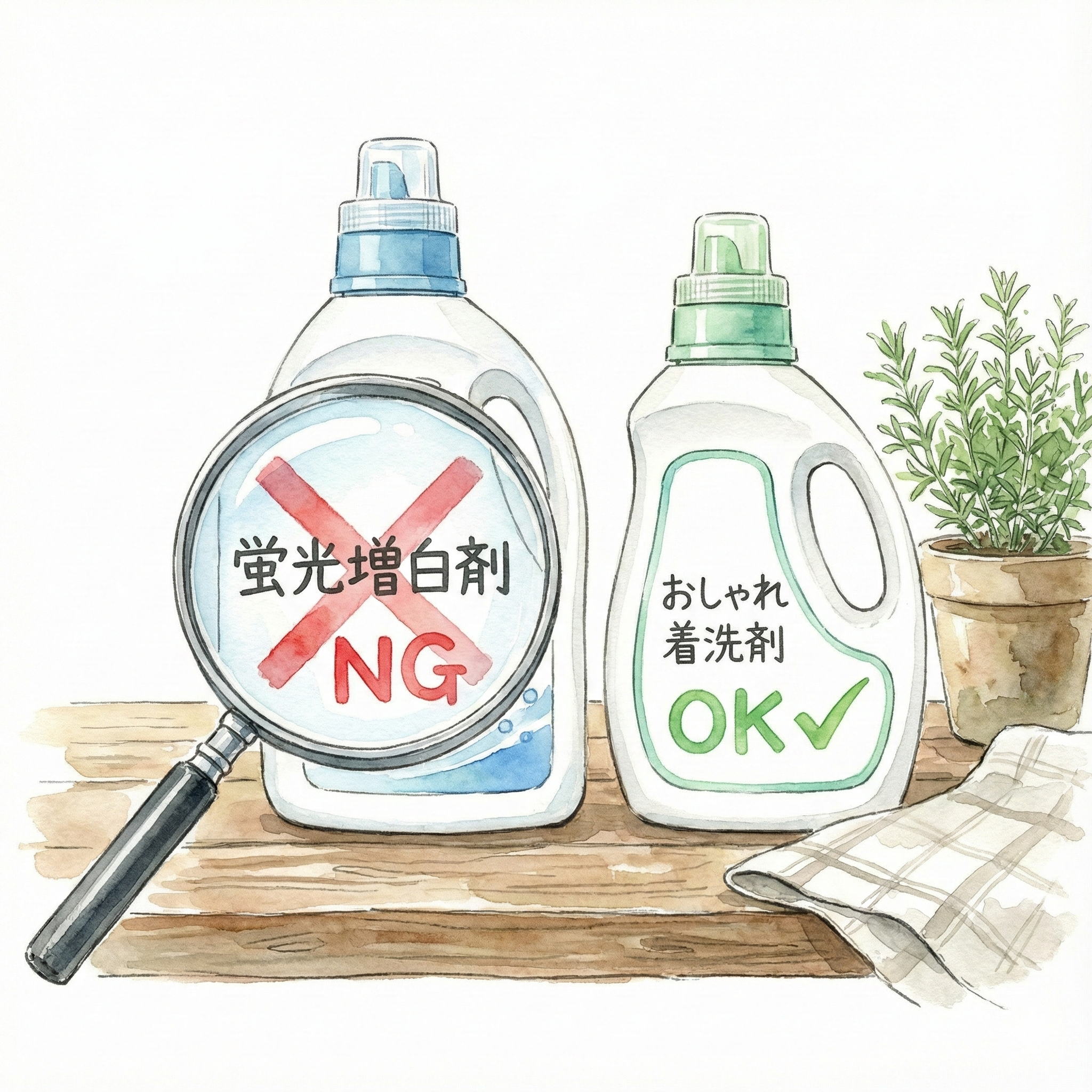 洗剤の成分表示を確認して蛍光増白剤なしを選ぶイラスト