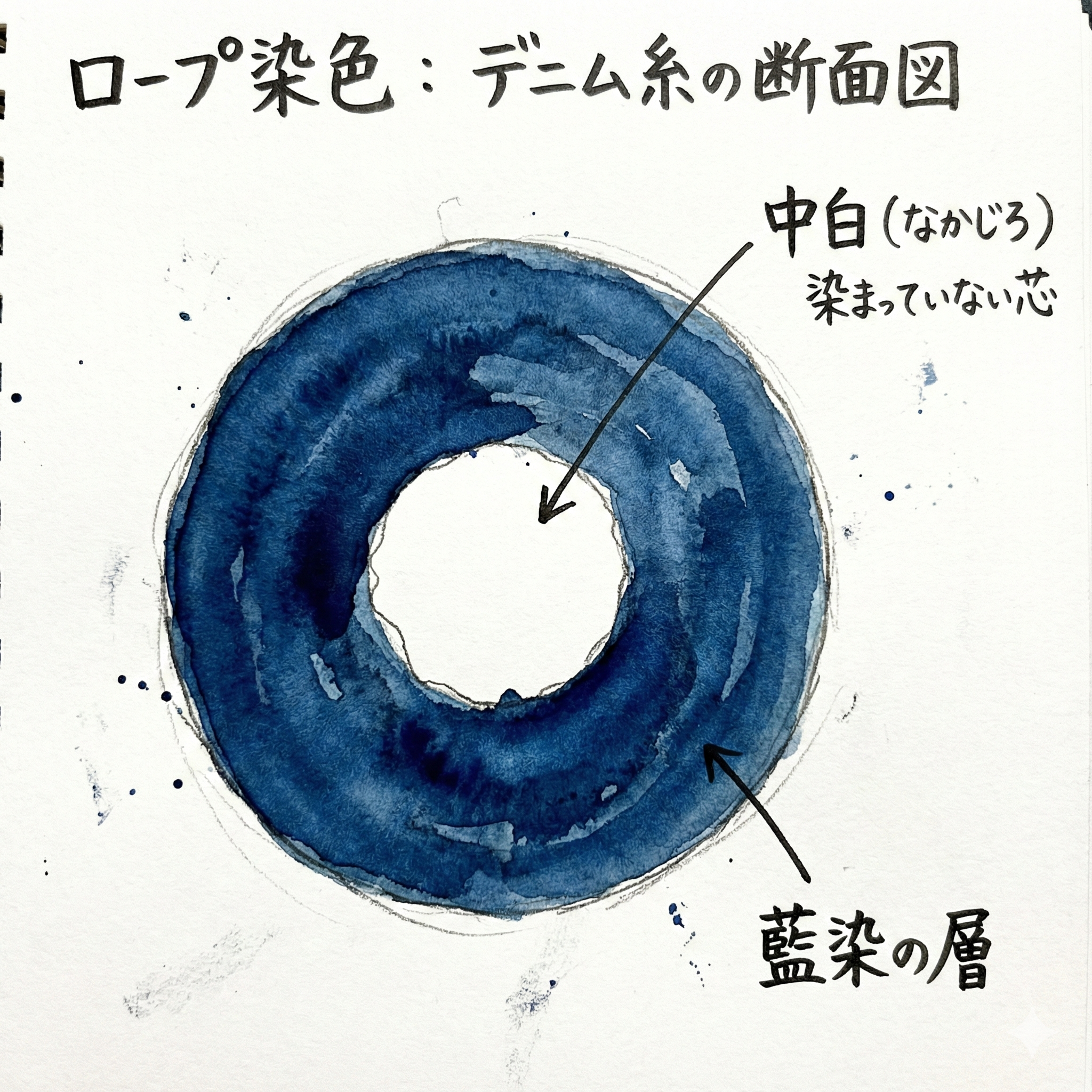 ロープ染色されたデニム糸の断面図。中心が白く残っているイラスト