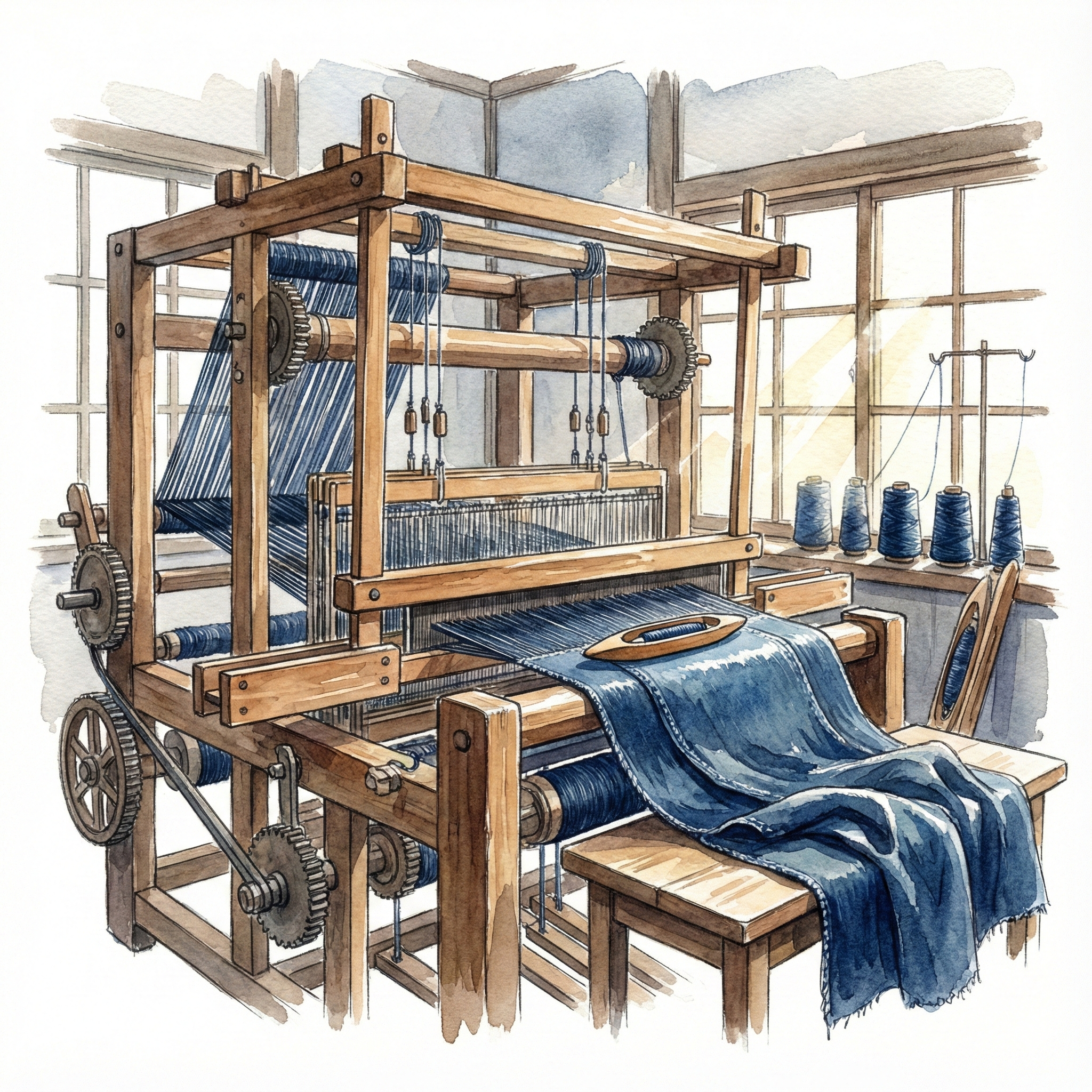 旧式のシャトル織機でデニム生地を織っている職人のイラスト