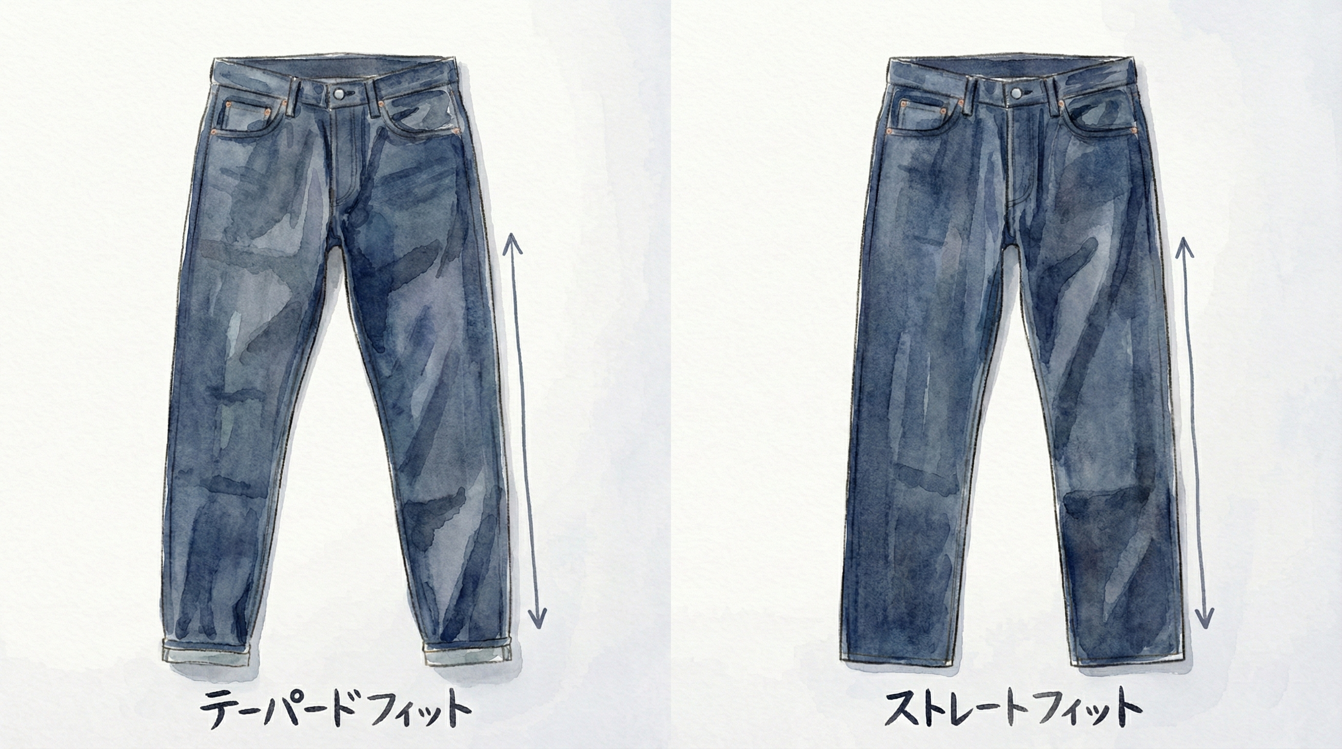 テーパードとストレートのジーンズのシルエット比較写真。左が裾に向かって細くなるテーパード、右がまっすぐなストレート。